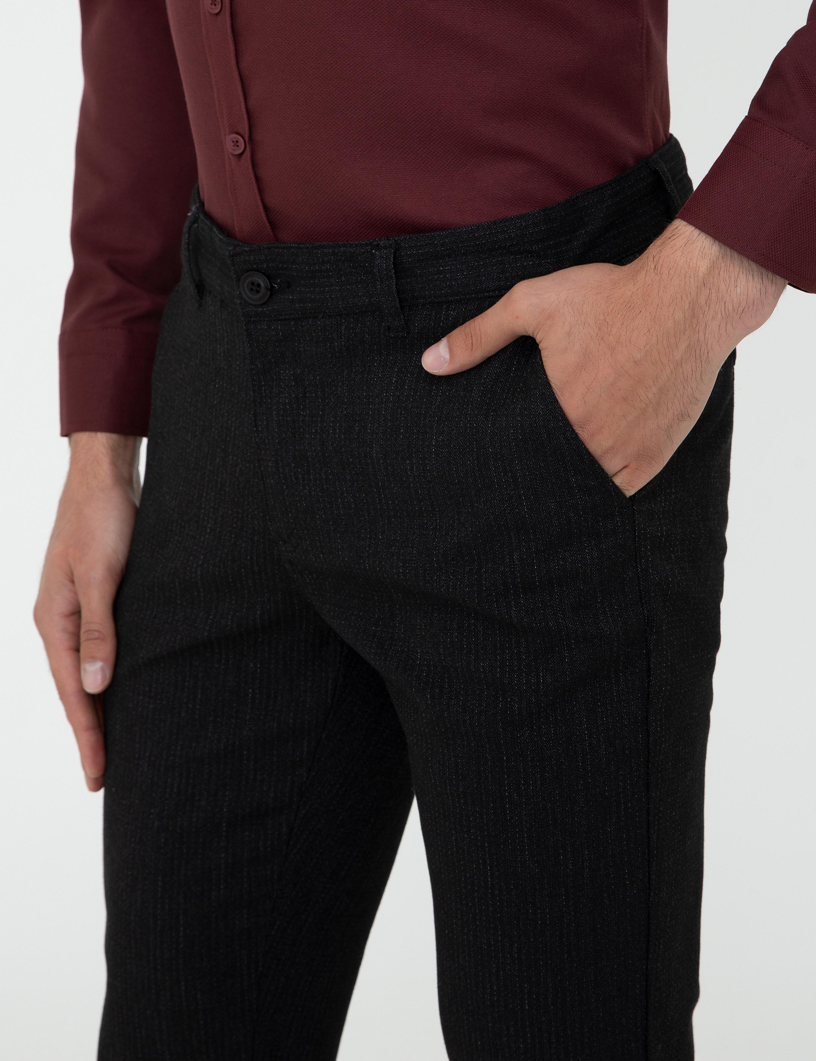 Siyah Slim Fit Çizgili Keten Karışımlı Kanvas Pantolon