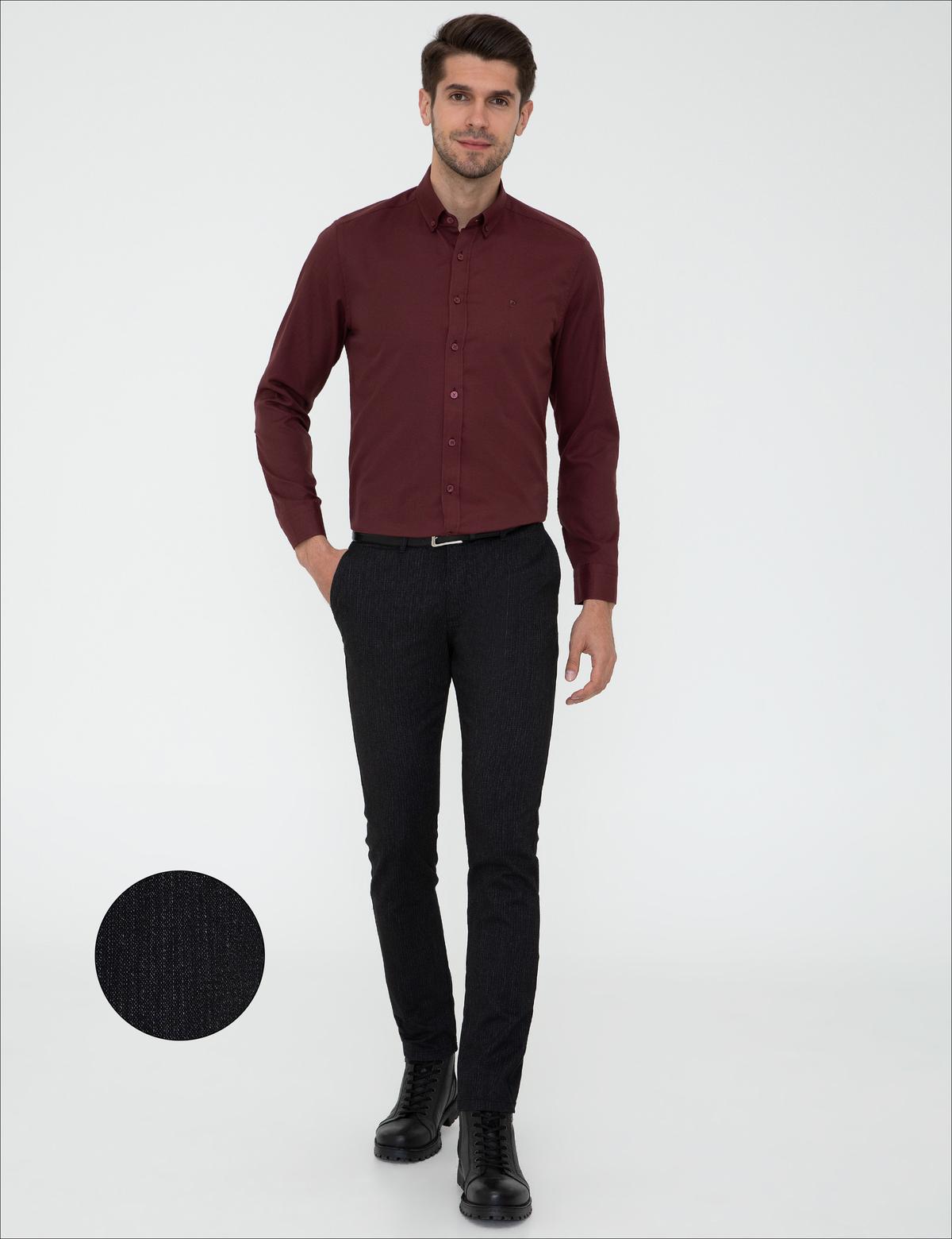 Siyah Slim Fit Çizgili Keten Karışımlı Kanvas Pantolon