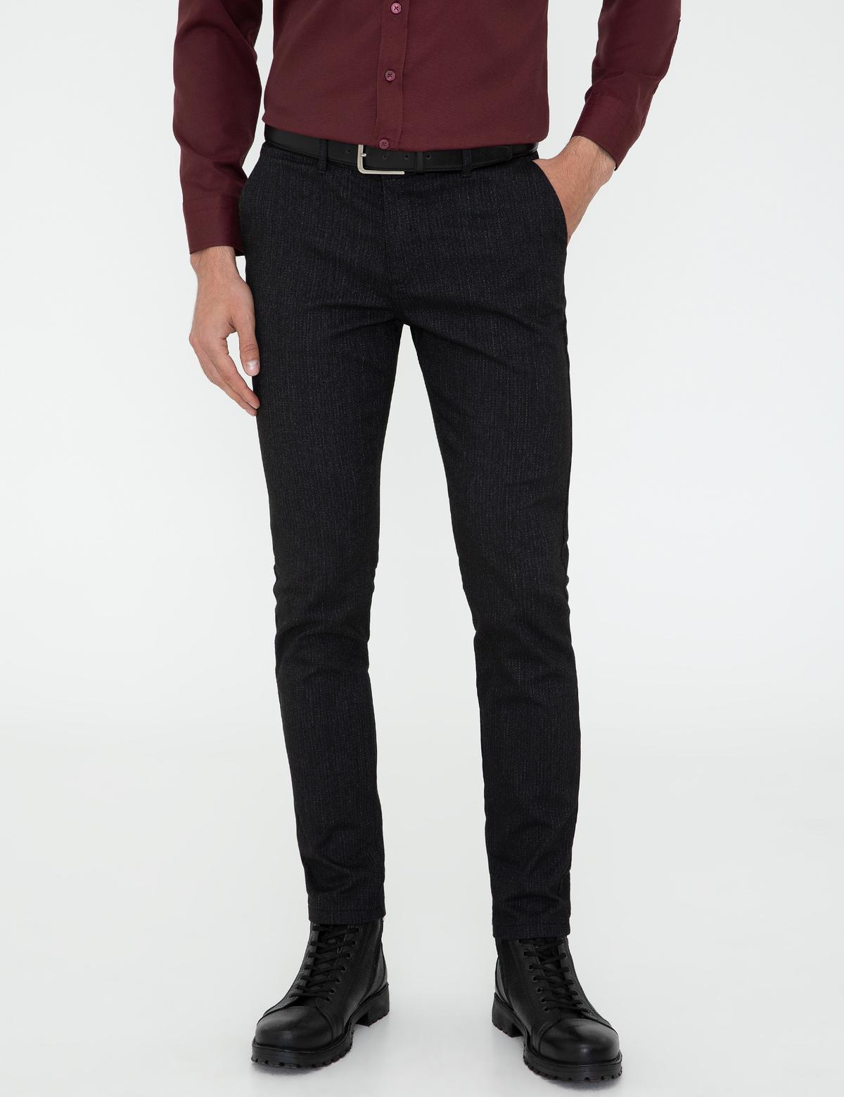 Siyah Slim Fit Çizgili Keten Karışımlı Kanvas Pantolon - 50241491167