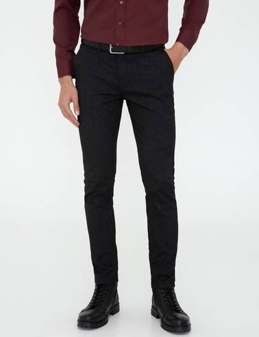 Siyah Slim Fit Çizgili Keten Karışımlı Kanvas Pantolon