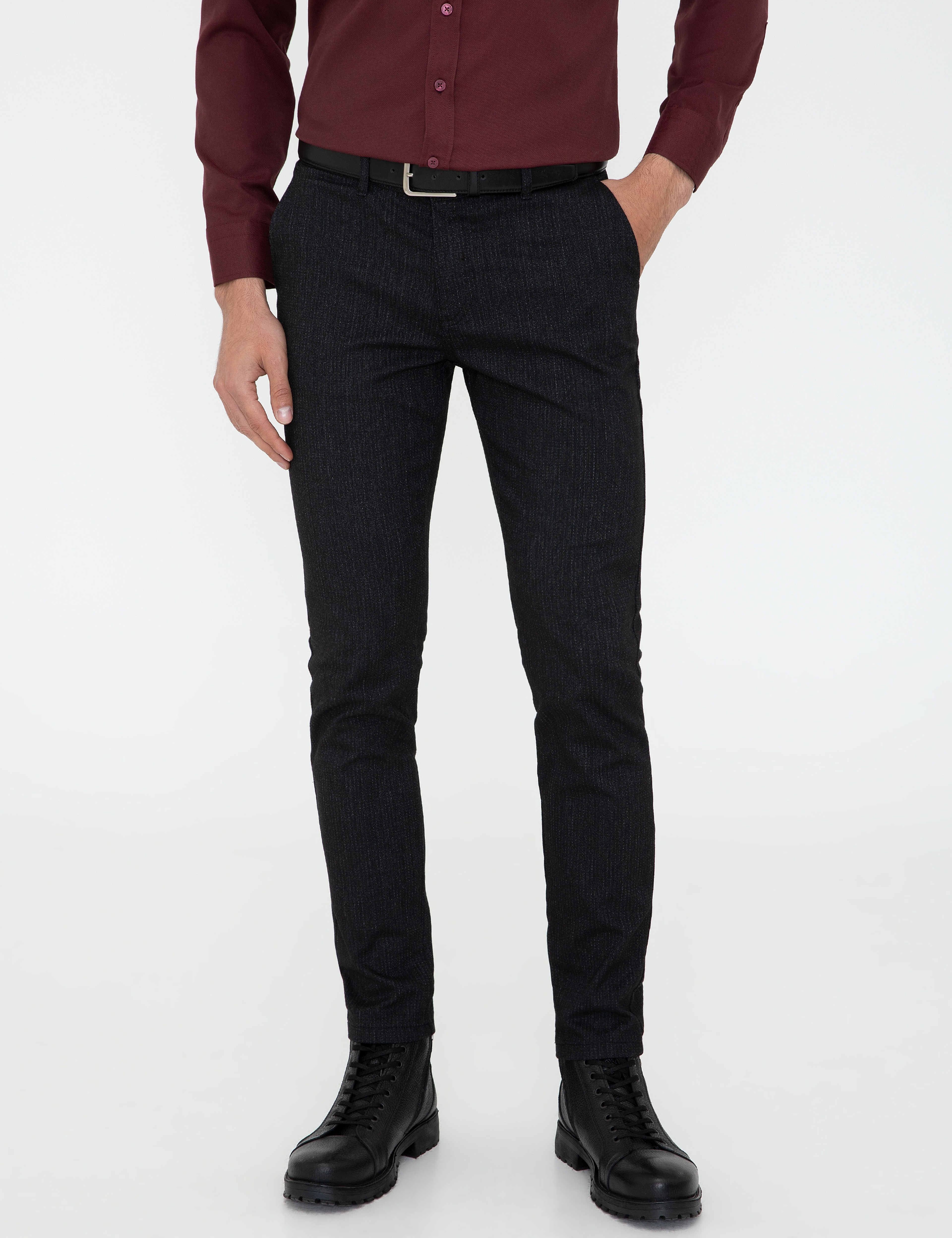 Siyah Slim Fit Çizgili Keten Karışımlı Kanvas Pantolon - Image 2