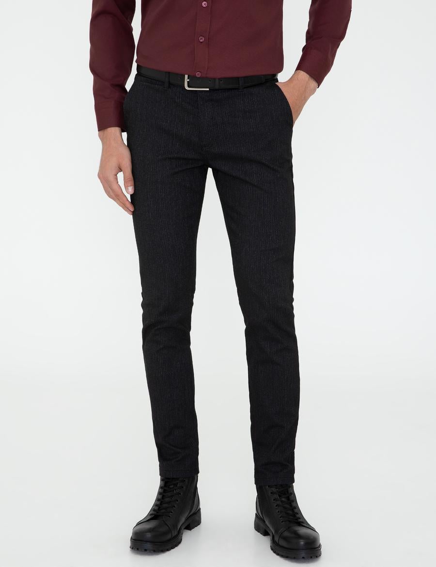 Siyah Slim Fit Çizgili Keten Karışımlı Kanvas Pantolon