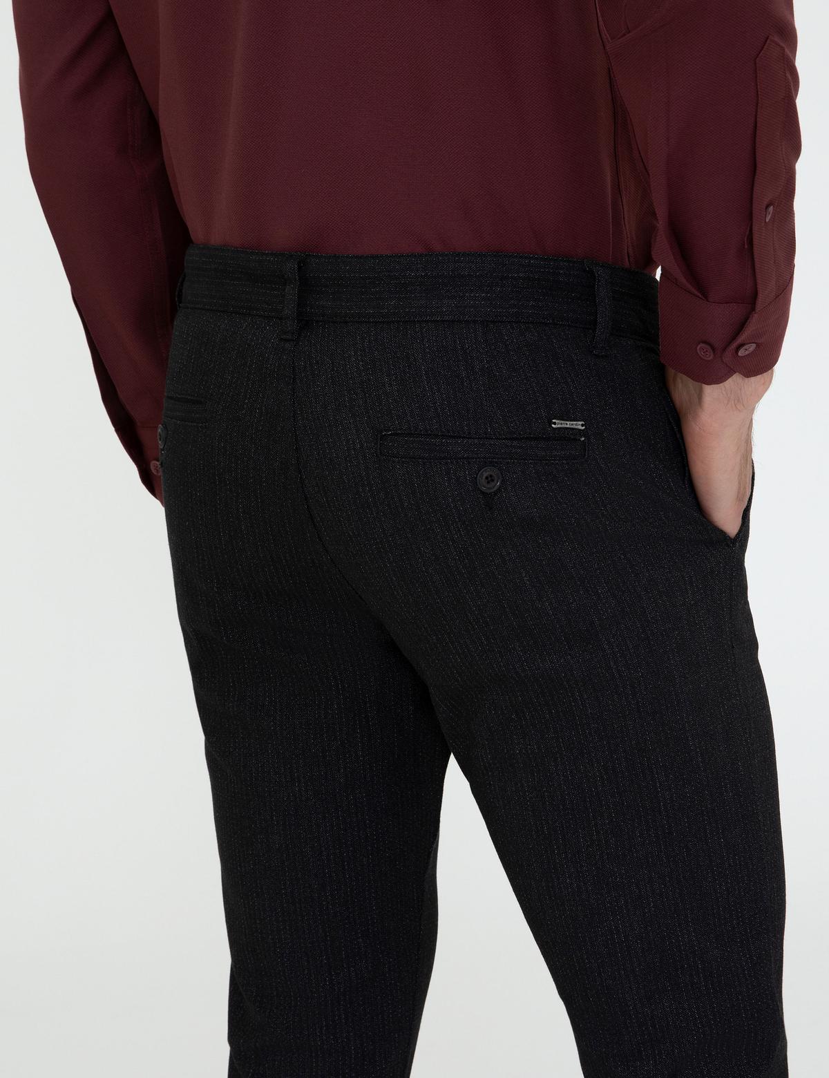 Siyah Slim Fit Çizgili Keten Karışımlı Kanvas Pantolon - 50241491167