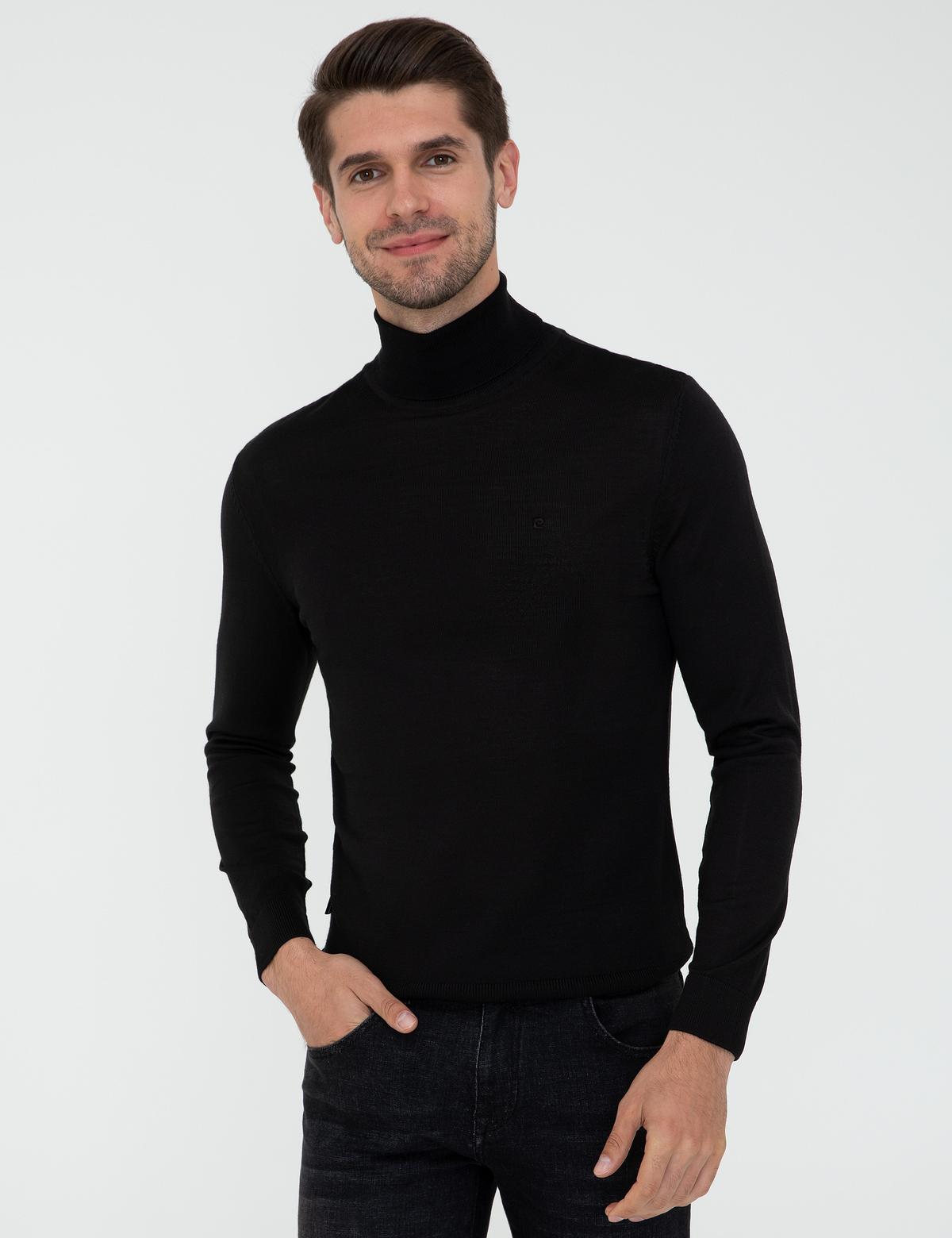 Siyah Regular Fit Balıkçı Yaka Yün Karışımlı Basic Triko Kazak - 50237702003