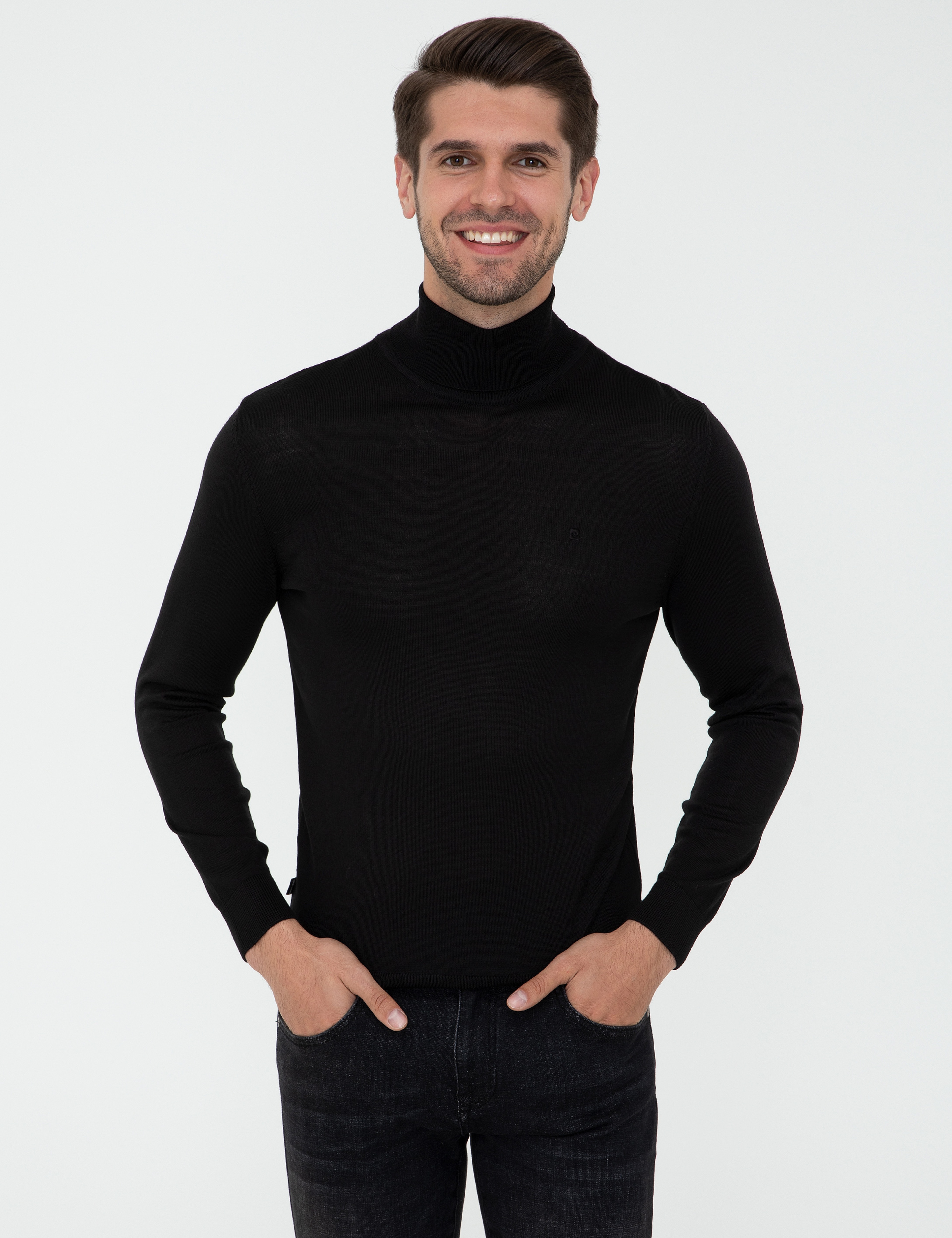 Siyah Regular Fit Balıkçı Yaka Yün Karışımlı Basic Triko Kazak