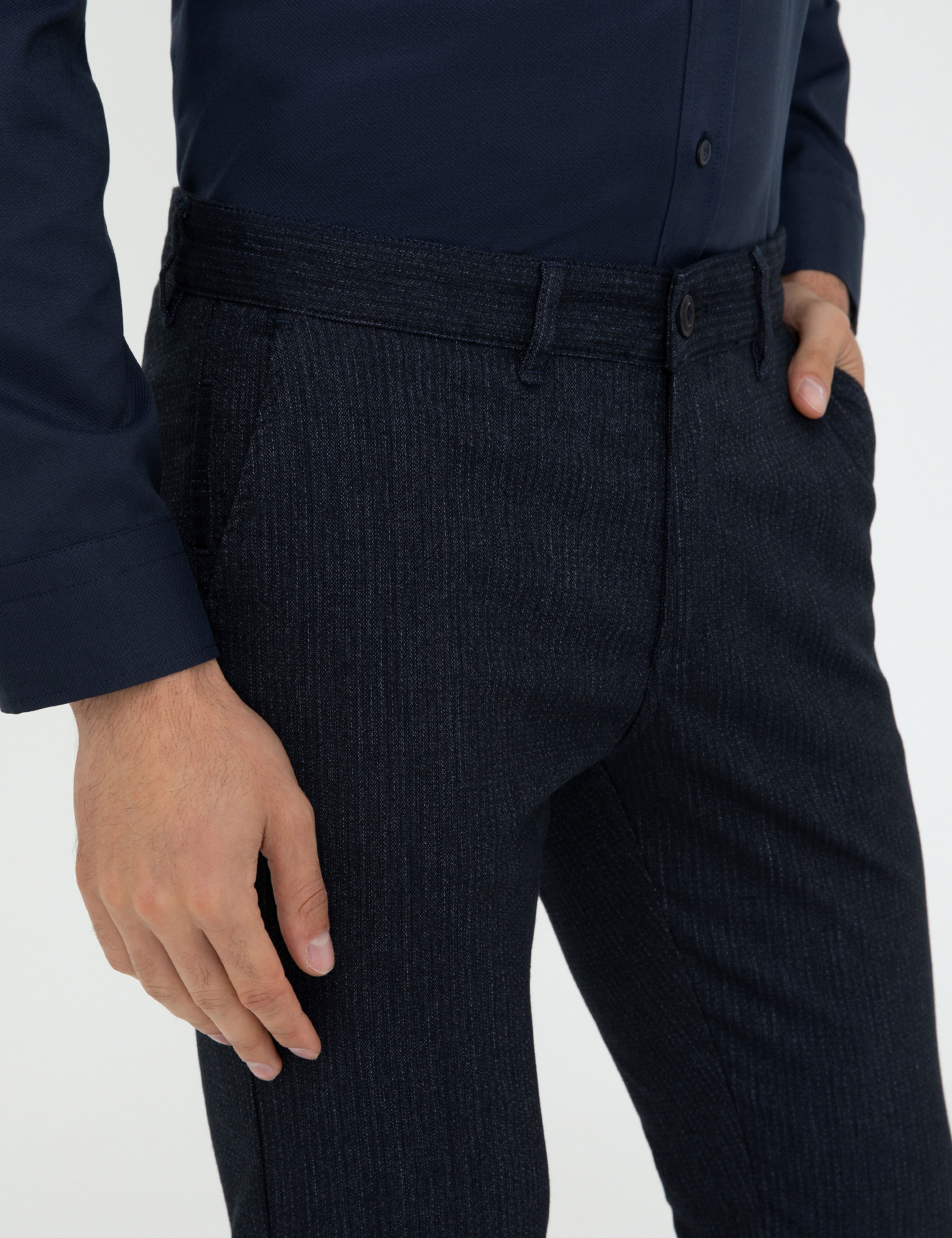 Lacivert Slim Fit Çizgili Kanvas Pantolon - Image 4