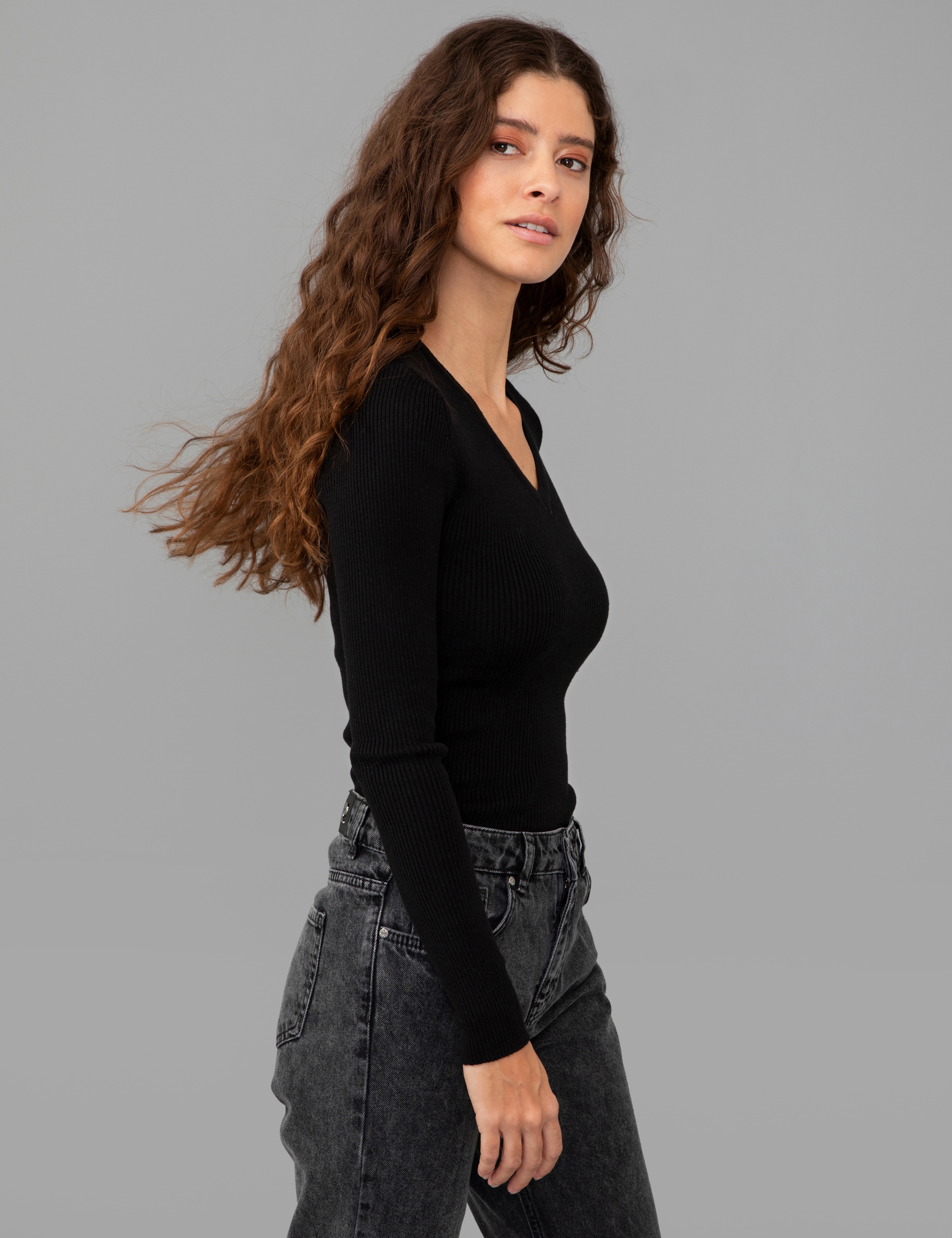 Siyah Slim Fit Basic Kazak - Image 4