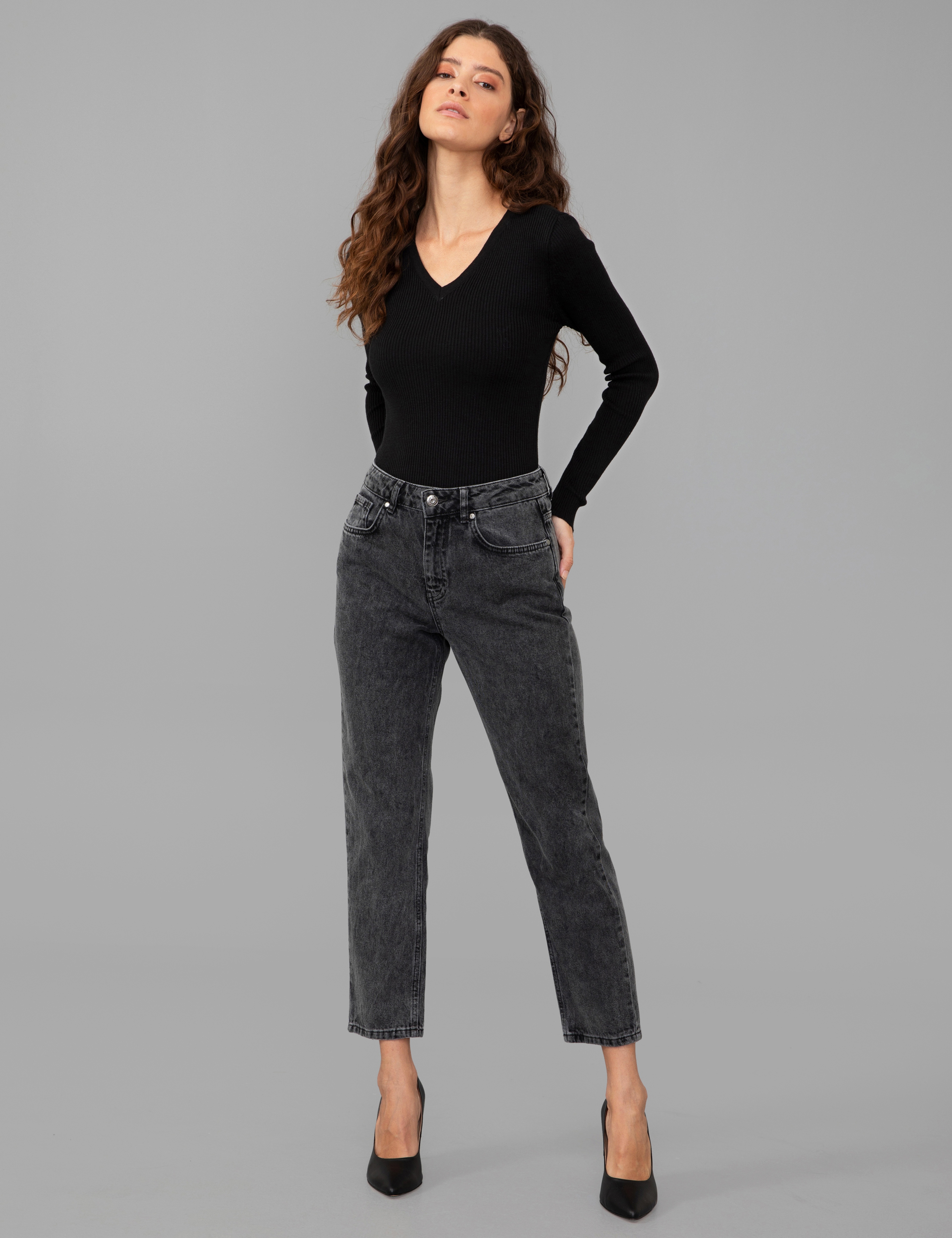 Siyah Slim Fit Basic Kazak - Image 6
