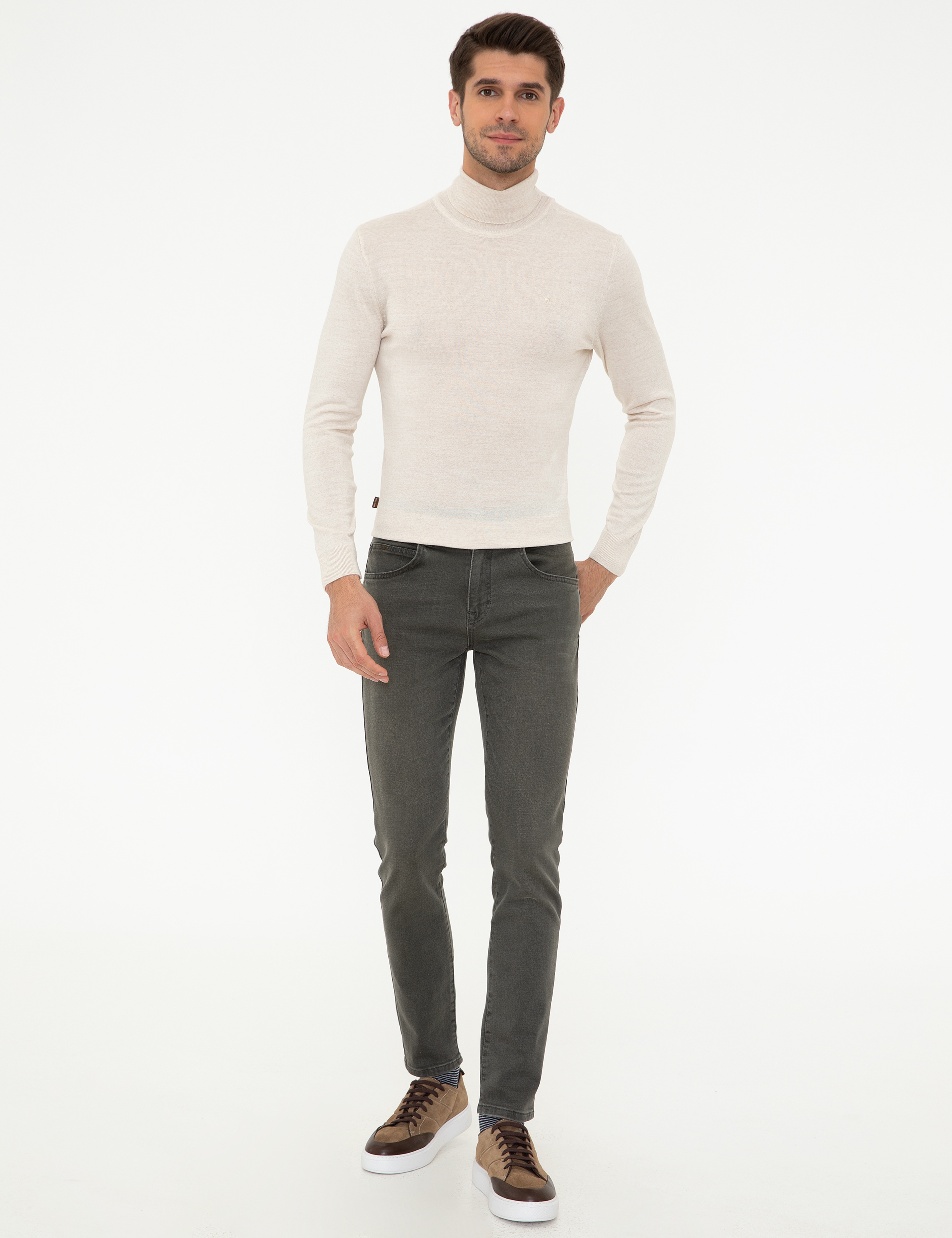 Bej Regular Fit Balıkçı Yaka Yün Karışımlı Basic Triko Kazak - Image 5