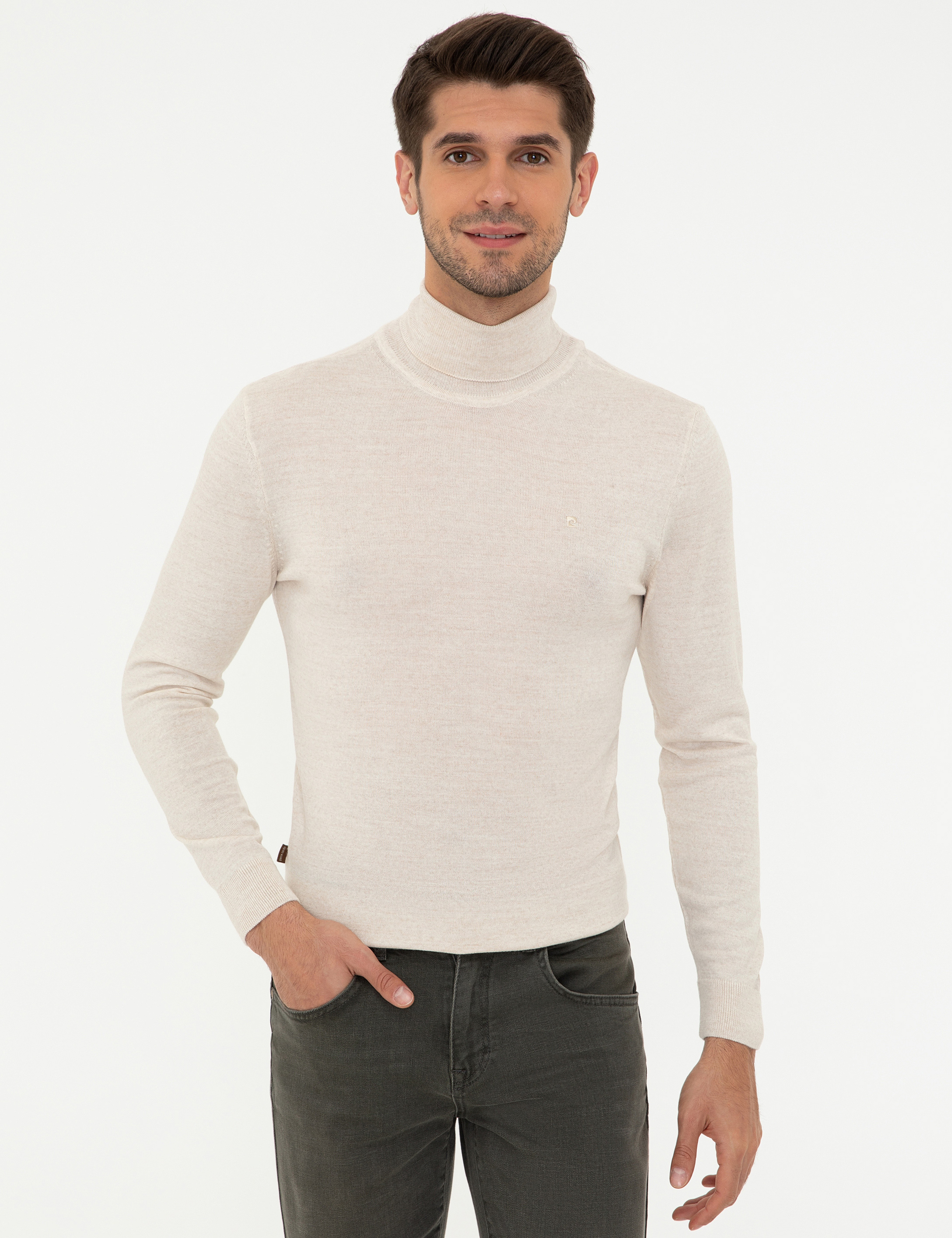 Bej Regular Fit Balıkçı Yaka Yün Karışımlı Basic Triko Kazak - Image 1