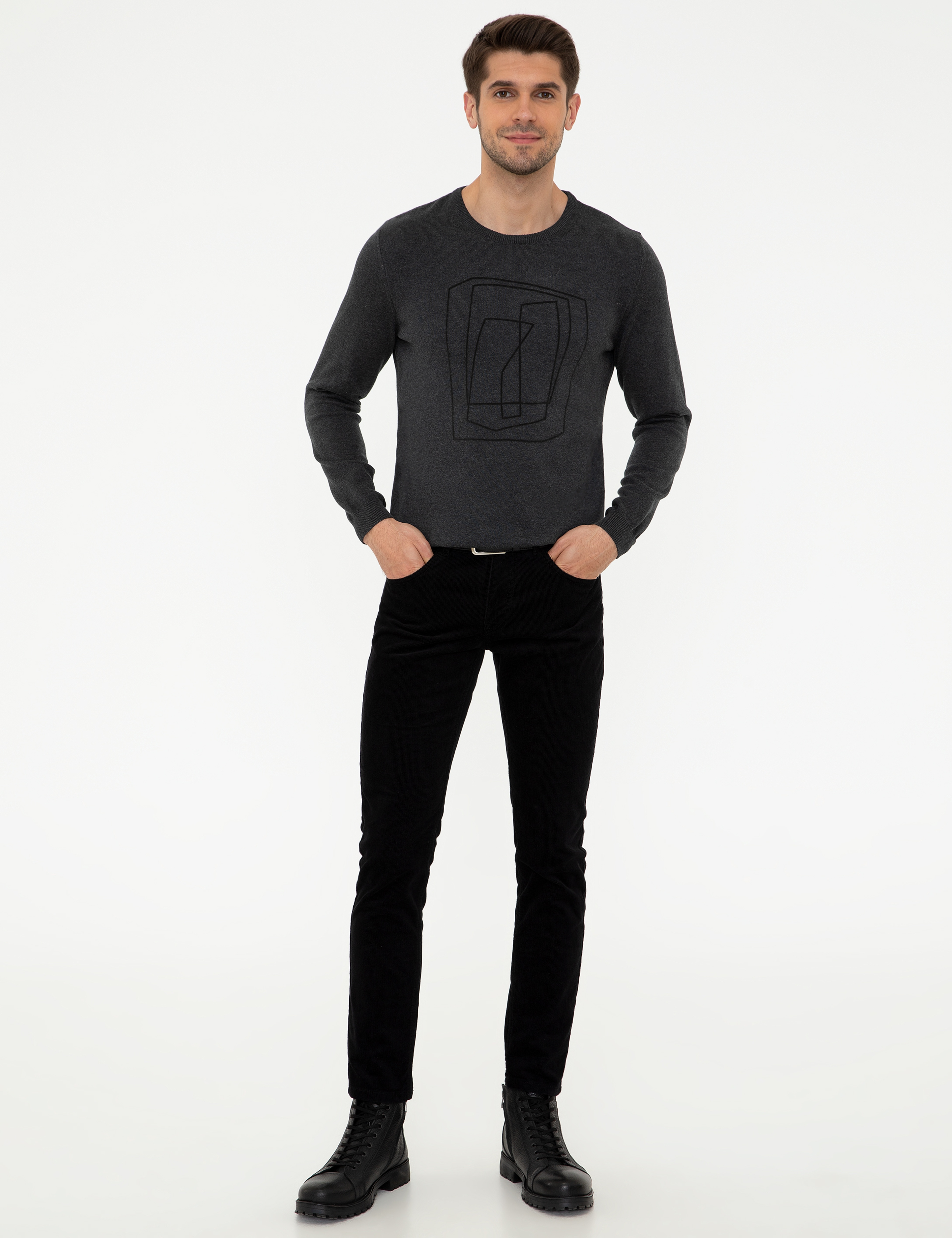 Siyah Slim Fit Kadife Kanvas Pantolon - Image 1