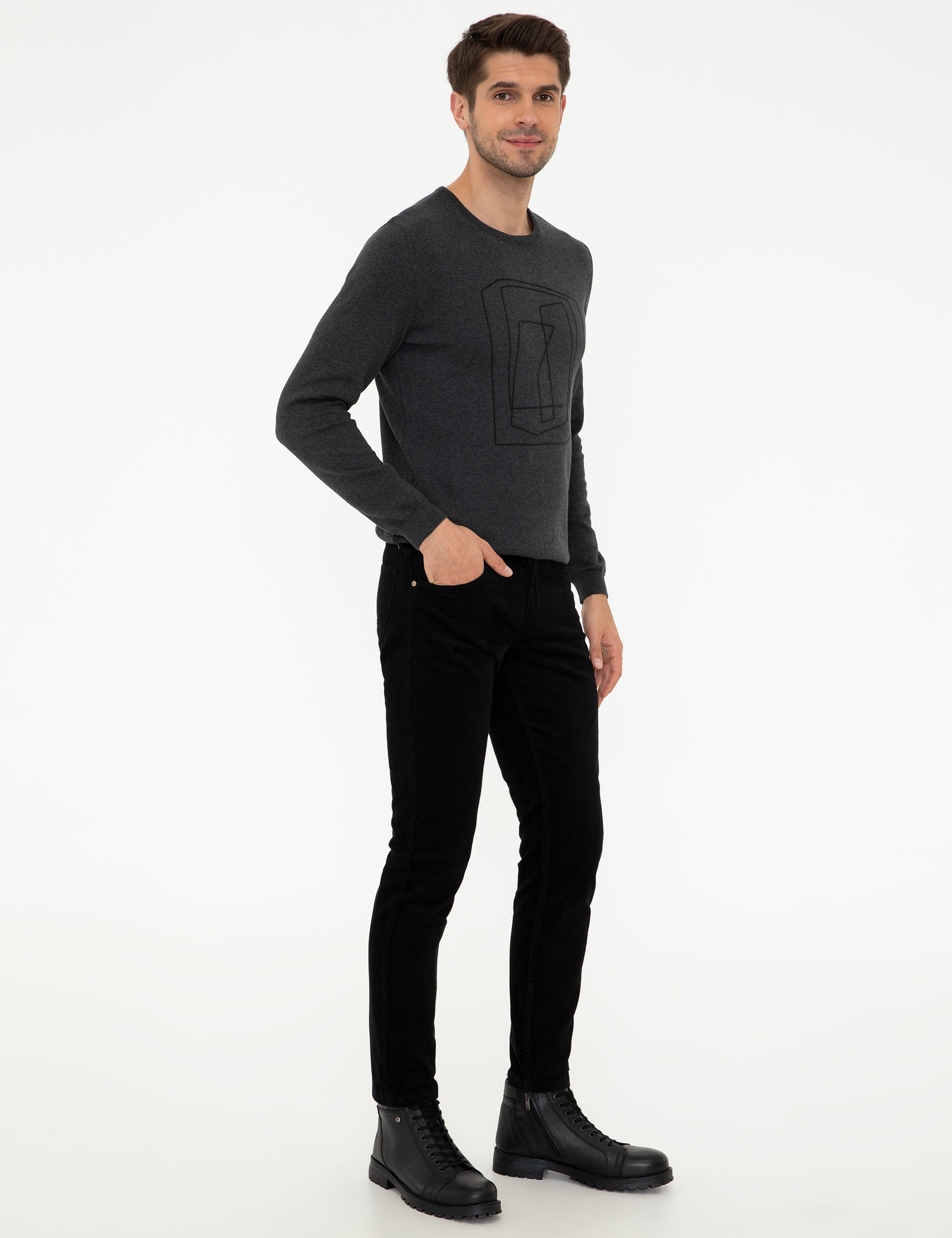 Siyah Slim Fit Kadife Kanvas Pantolon - Image 3