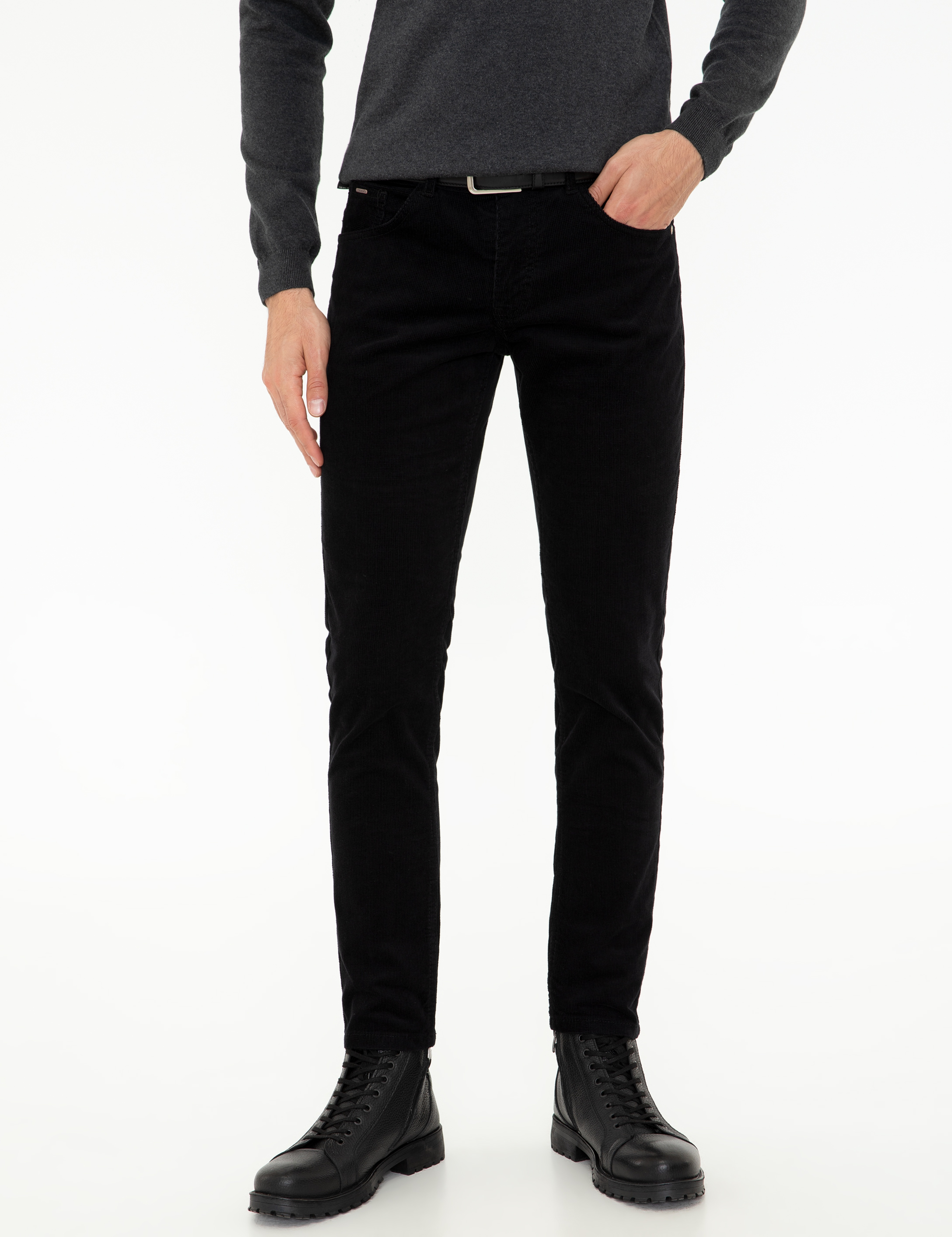 Siyah Slim Fit Kadife Kanvas Pantolon - Image 2