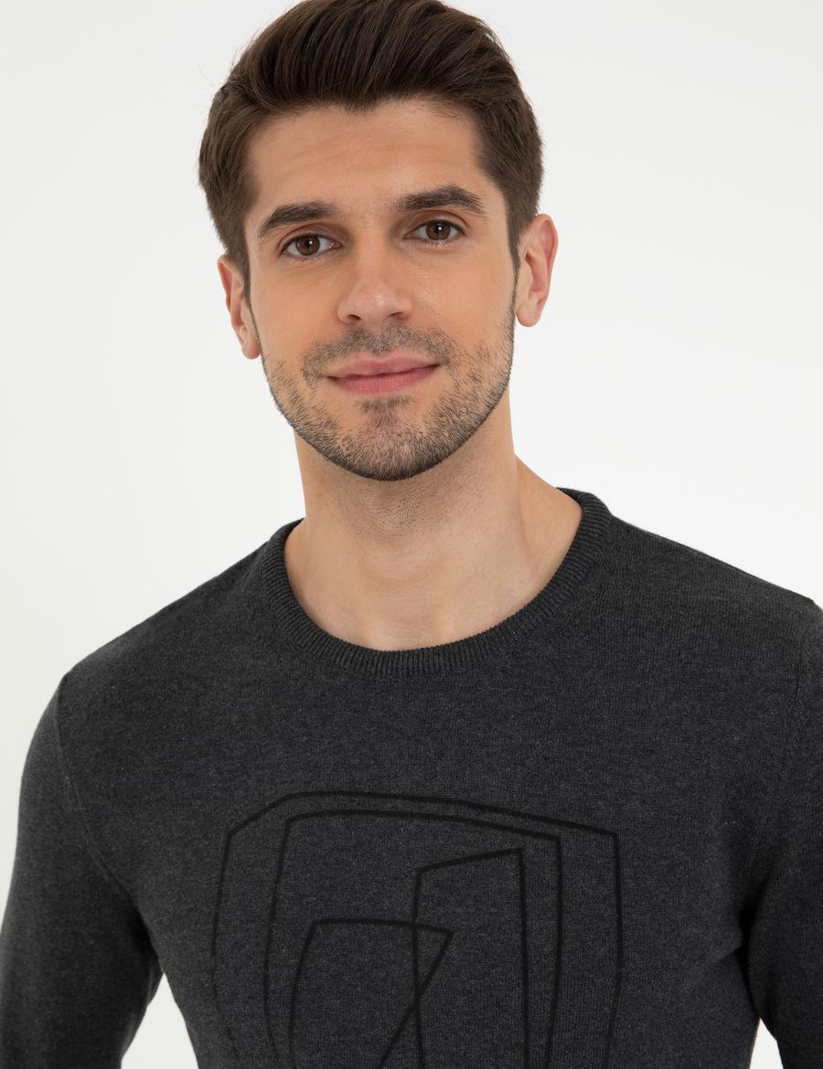 Gri Melanj Slim Fit Bisiklet Yaka Triko Kazak