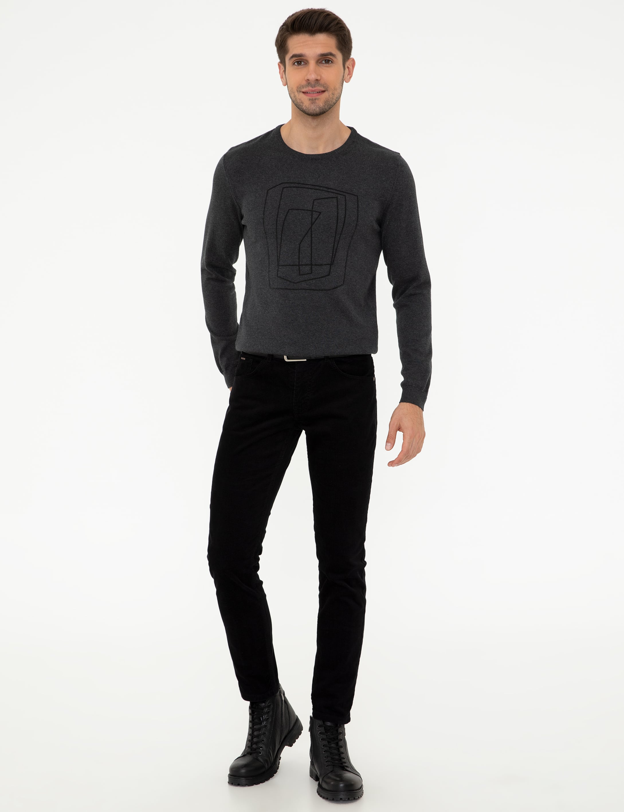 Pierre Cardin Gri Melanj Slim Fit Bisiklet Yaka Triko Kazak görsel 5