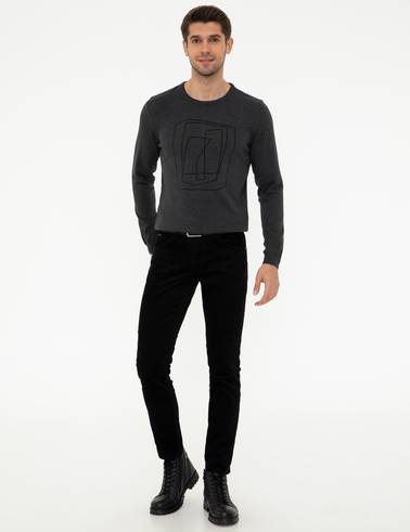 Gri Melanj Slim Fit Bisiklet Yaka Triko Kazak