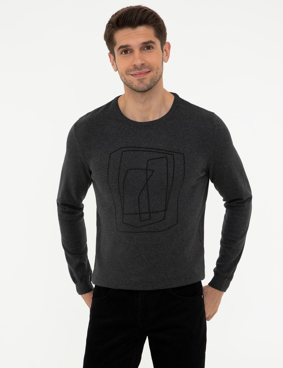 Gri Melanj Slim Fit Bisiklet Yaka Triko Kazak