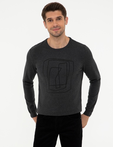 Gri Melanj Slim Fit Bisiklet Yaka Triko Kazak