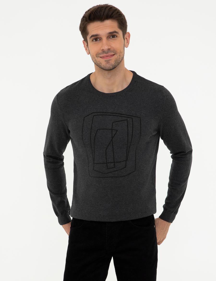 Gri Melanj Slim Fit Bisiklet Yaka Triko Kazak