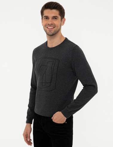 Gri Melanj Slim Fit Bisiklet Yaka Triko Kazak