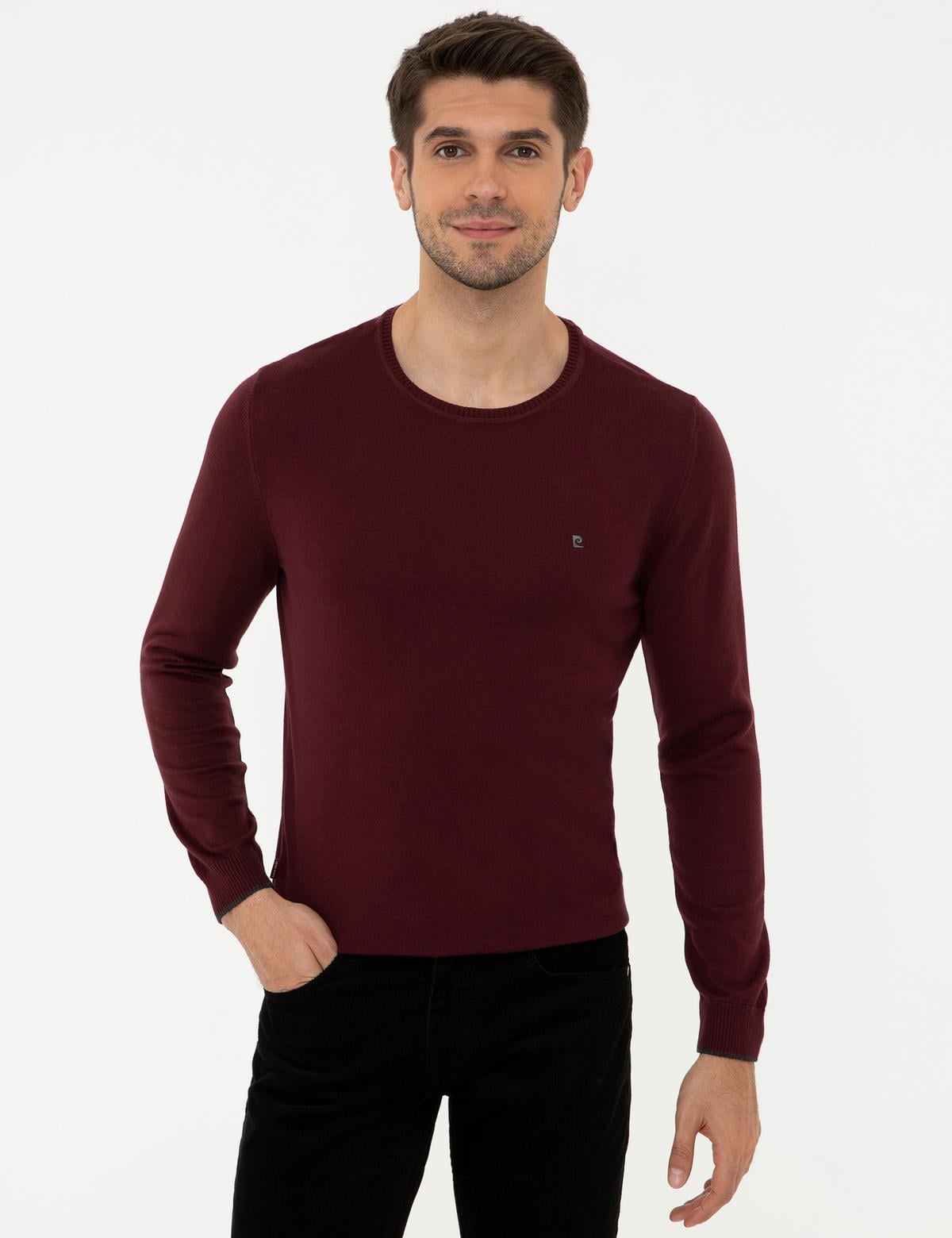 Bordo Slim Fit Bisiklet Yaka Basic Triko Kazak