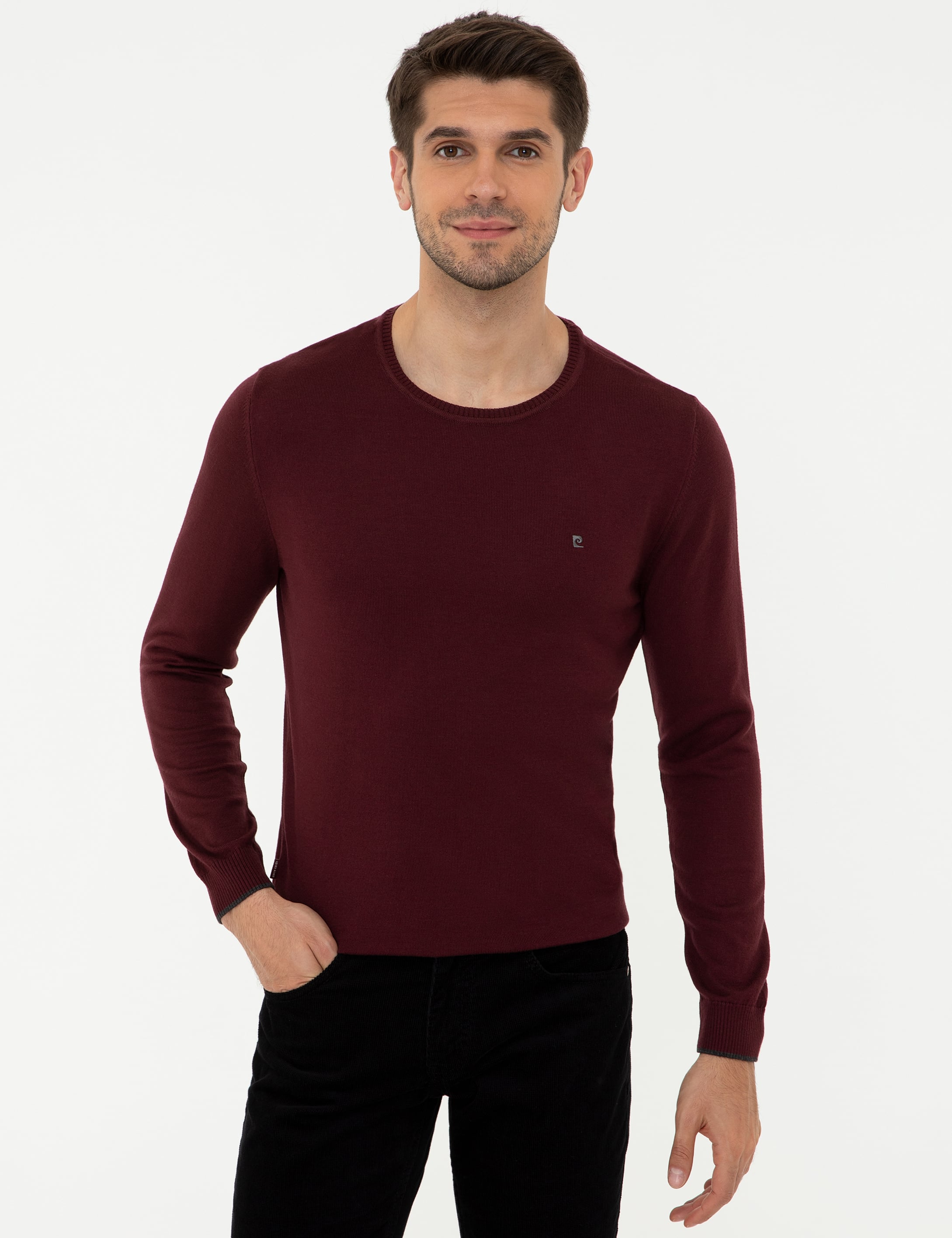 Bordo Slim Fit Bisiklet Yaka Basic Triko Kazak - Image 1