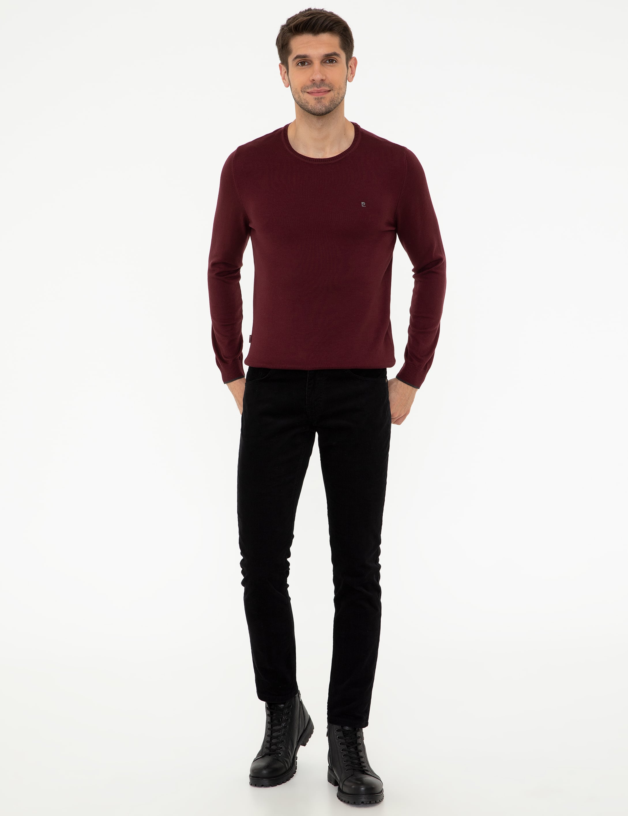 Bordo Slim Fit Bisiklet Yaka Basic Triko Kazak