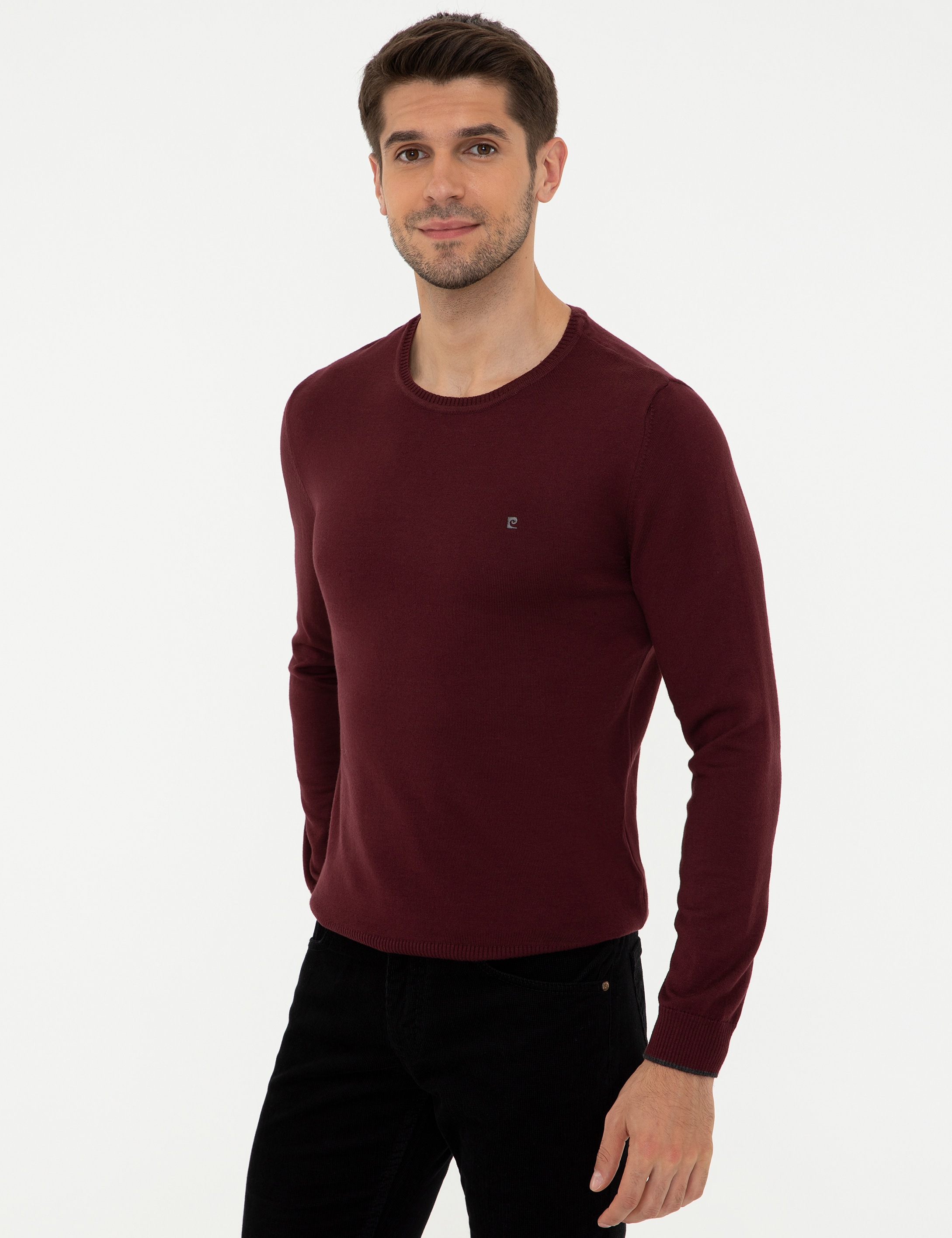 Pierre Cardin Bordo Slim Fit Bisiklet Yaka Basic Triko Kazak görsel 3