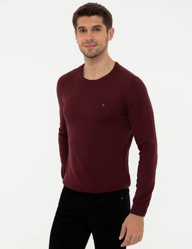 Bordo Slim Fit Bisiklet Yaka Basic Triko Kazak