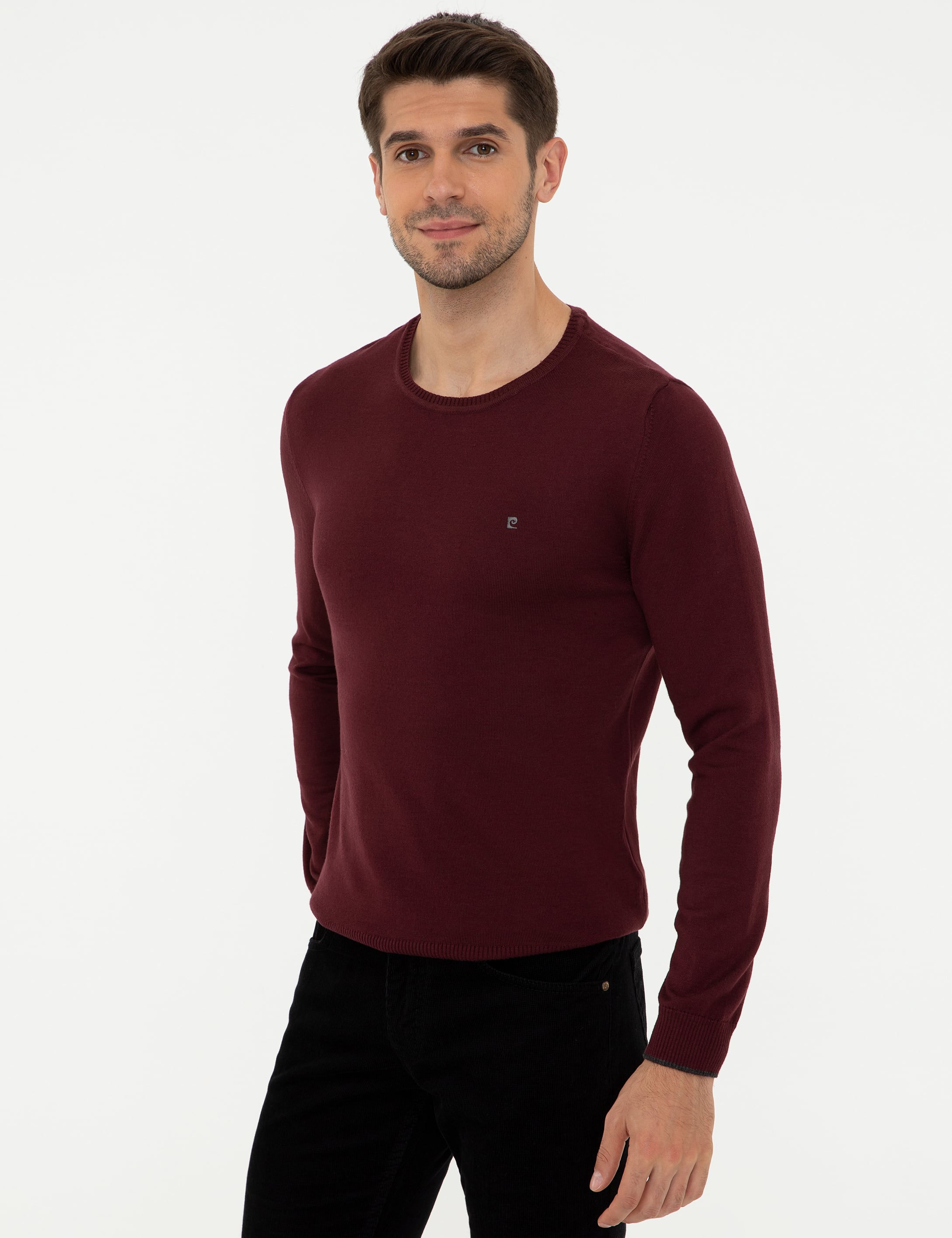 Bordo Slim Fit Bisiklet Yaka Basic Triko Kazak - Image 3