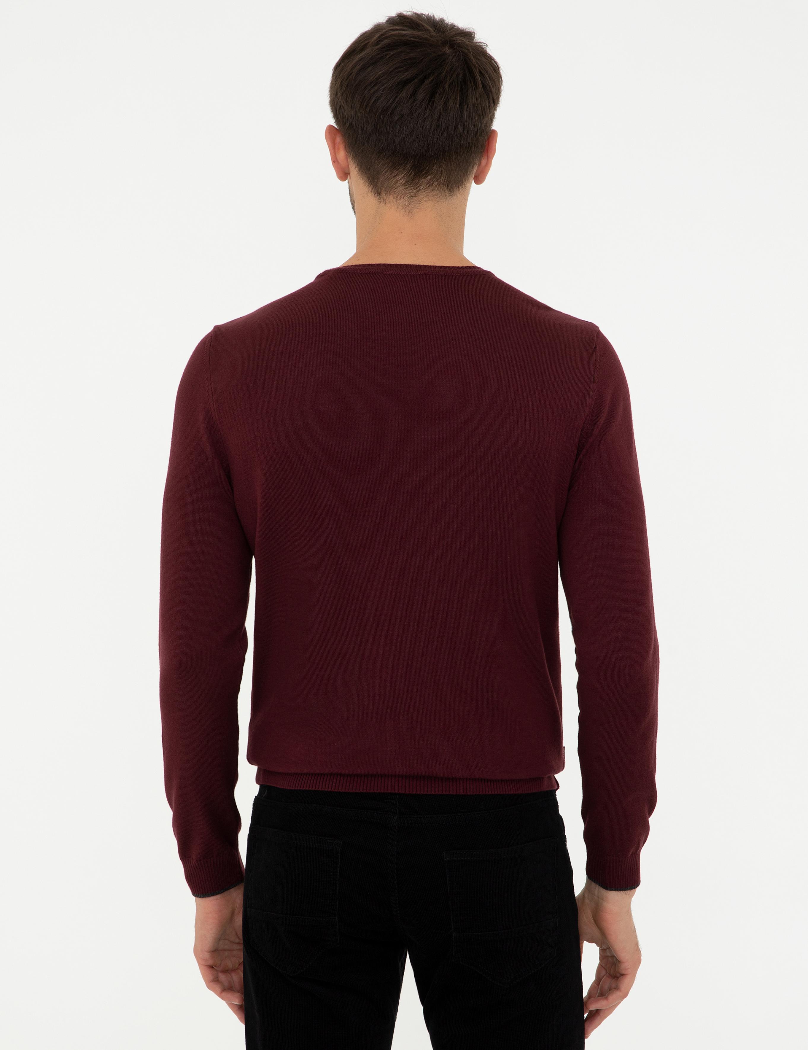 Bordo Slim Fit Bisiklet Yaka Basic Triko Kazak