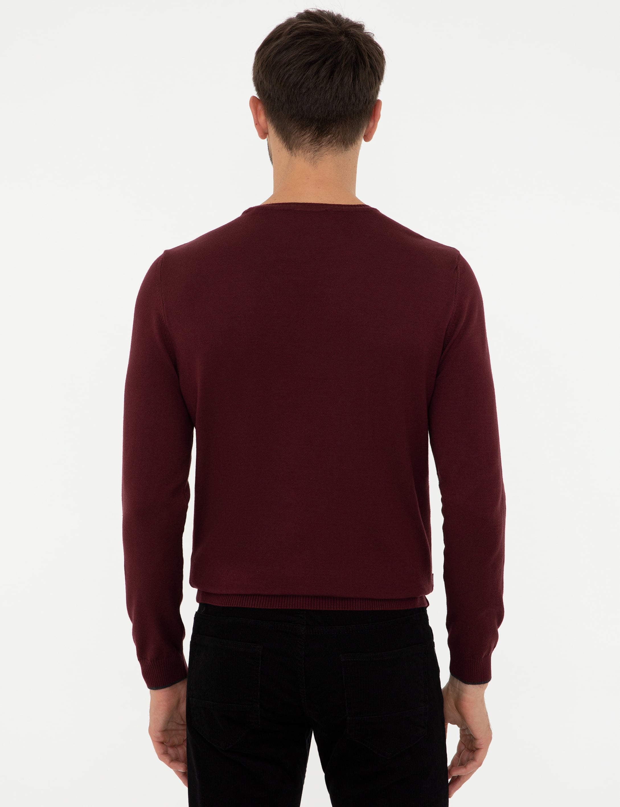 Bordo Slim Fit Bisiklet Yaka Basic Triko Kazak - Image 4