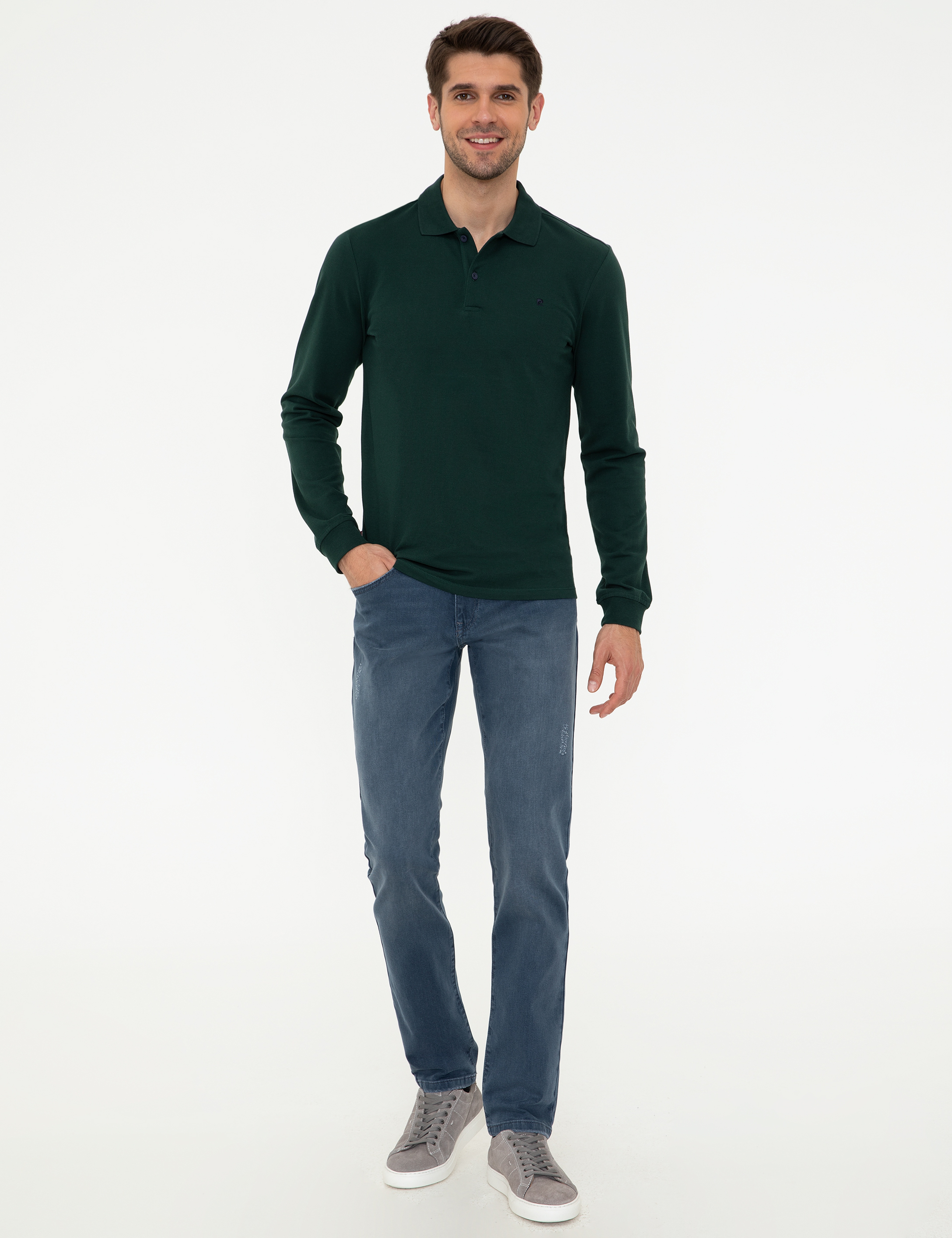 Koyu Yeşil Slim Fit Polo Yaka Sweatshirt
