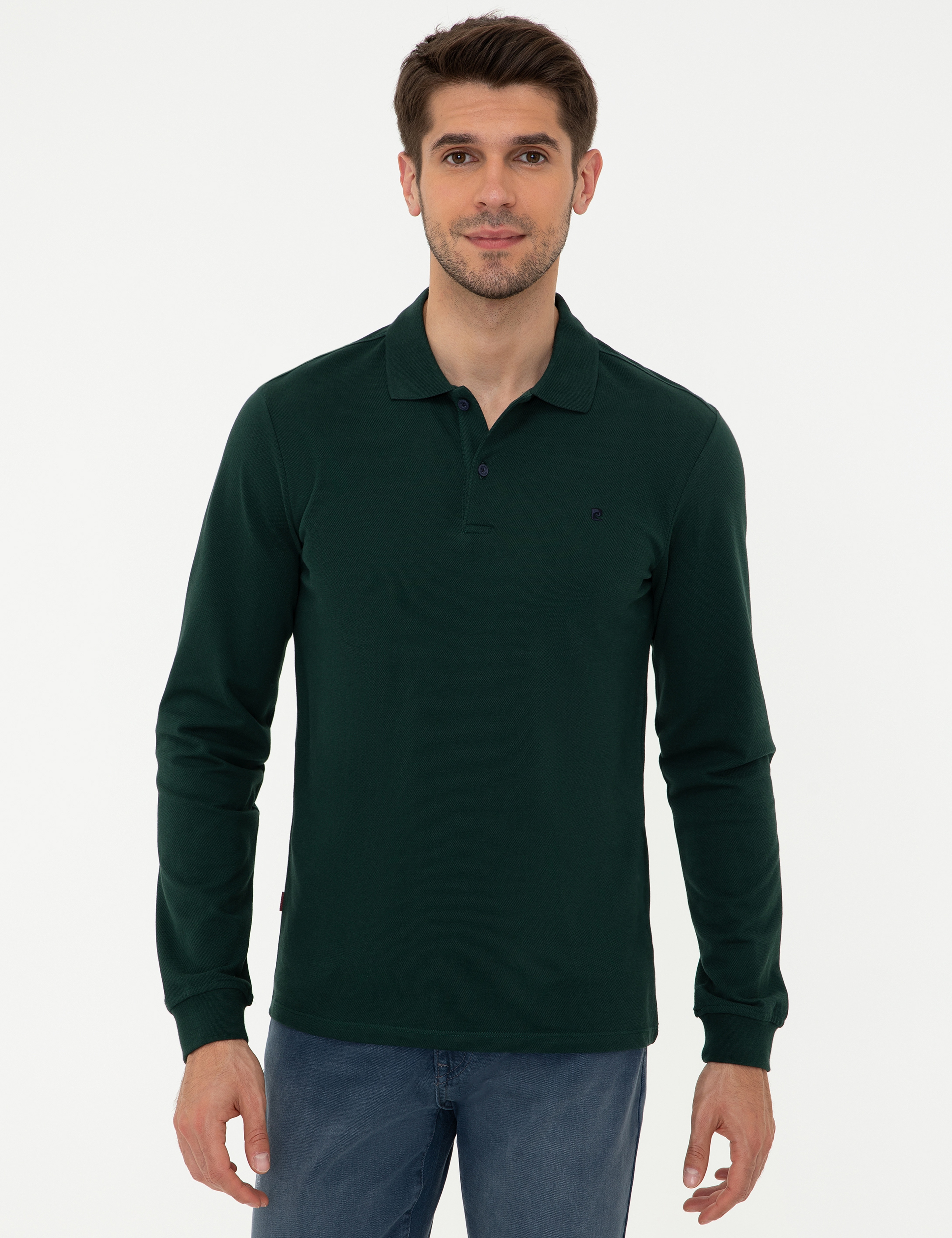 Koyu Yeşil Slim Fit Polo Yaka Sweatshirt - Image 1