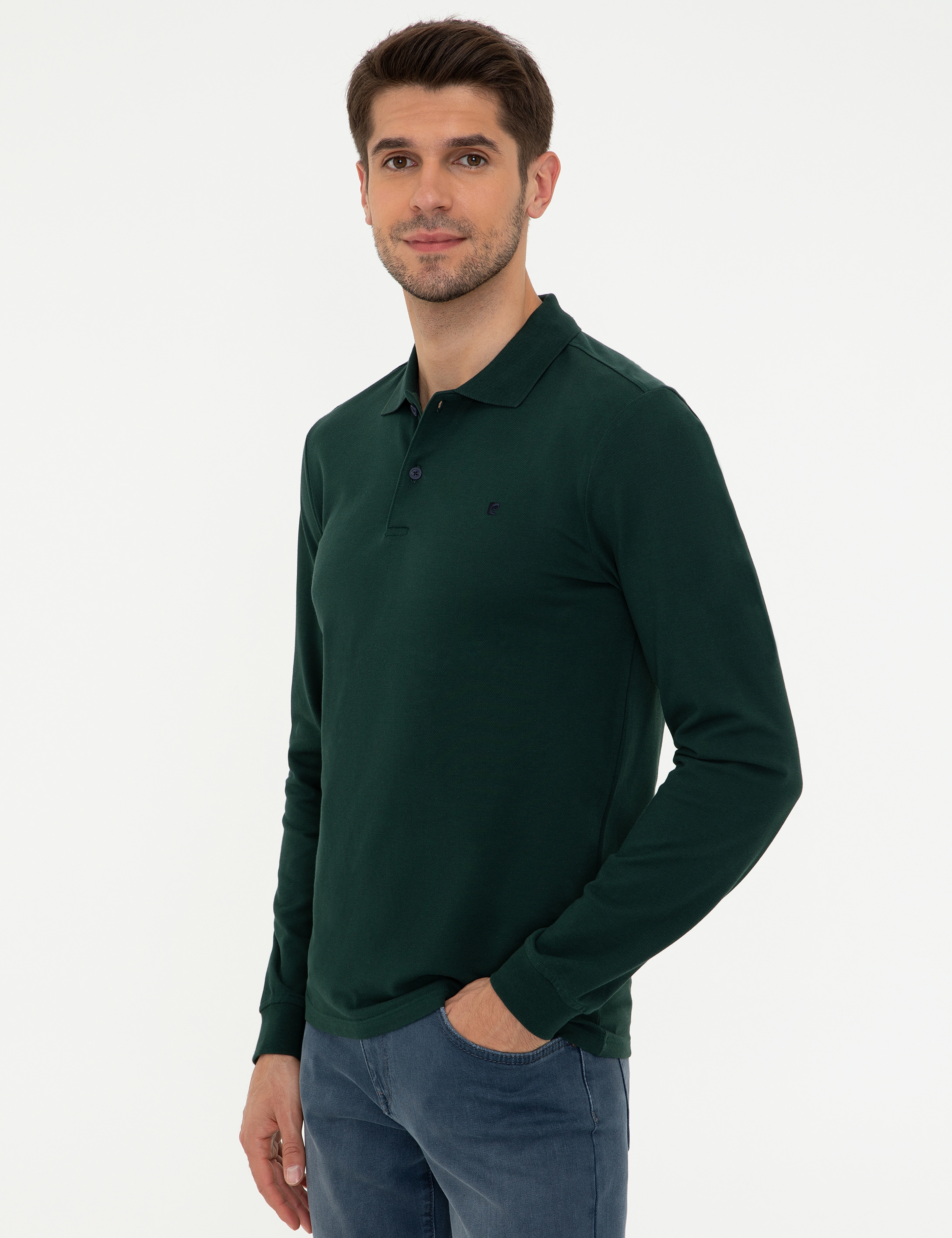 Koyu Yeşil Slim Fit Polo Yaka Sweatshirt - Image 3