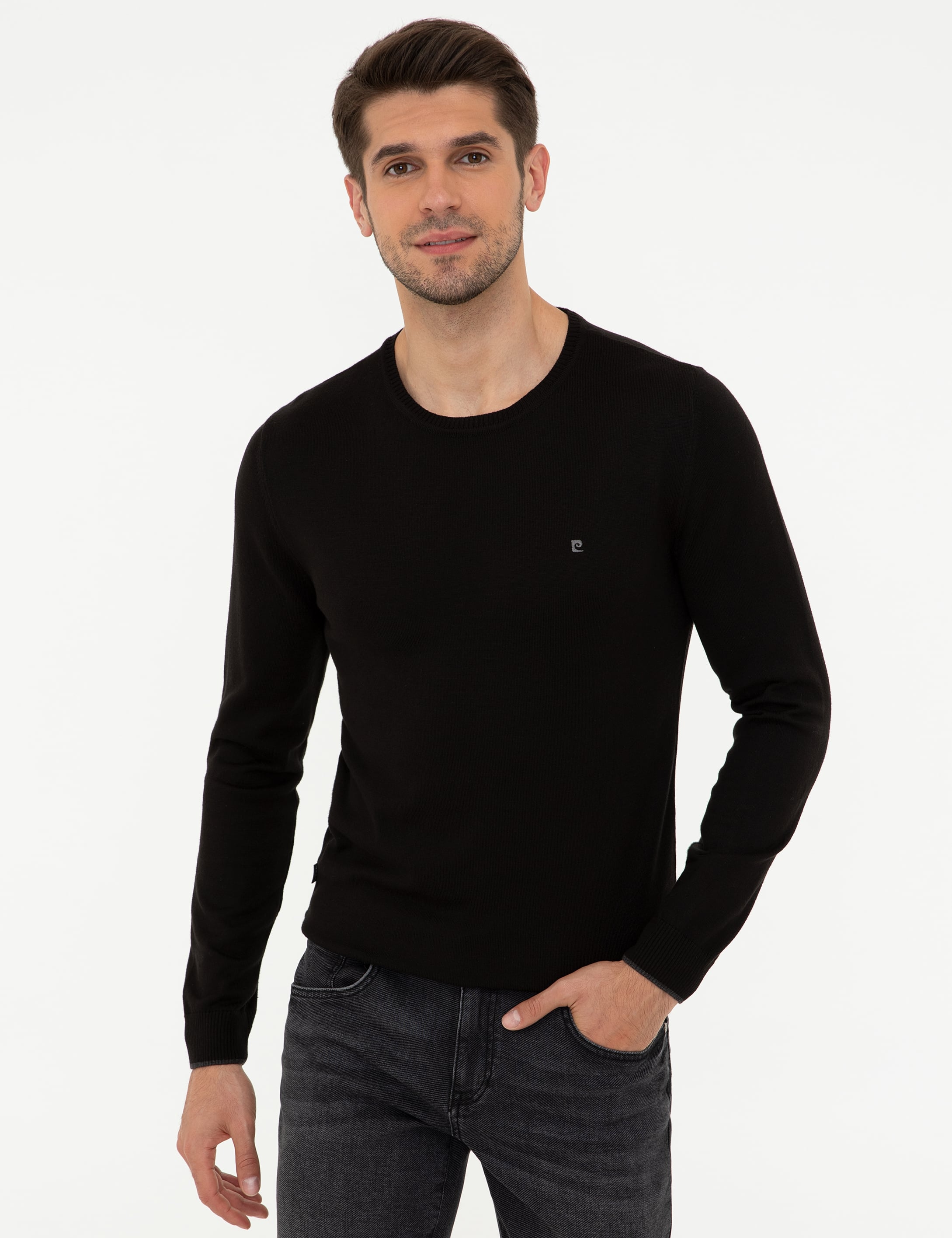Siyah Slim Fit Bisiklet Yaka Basic Triko Kazak