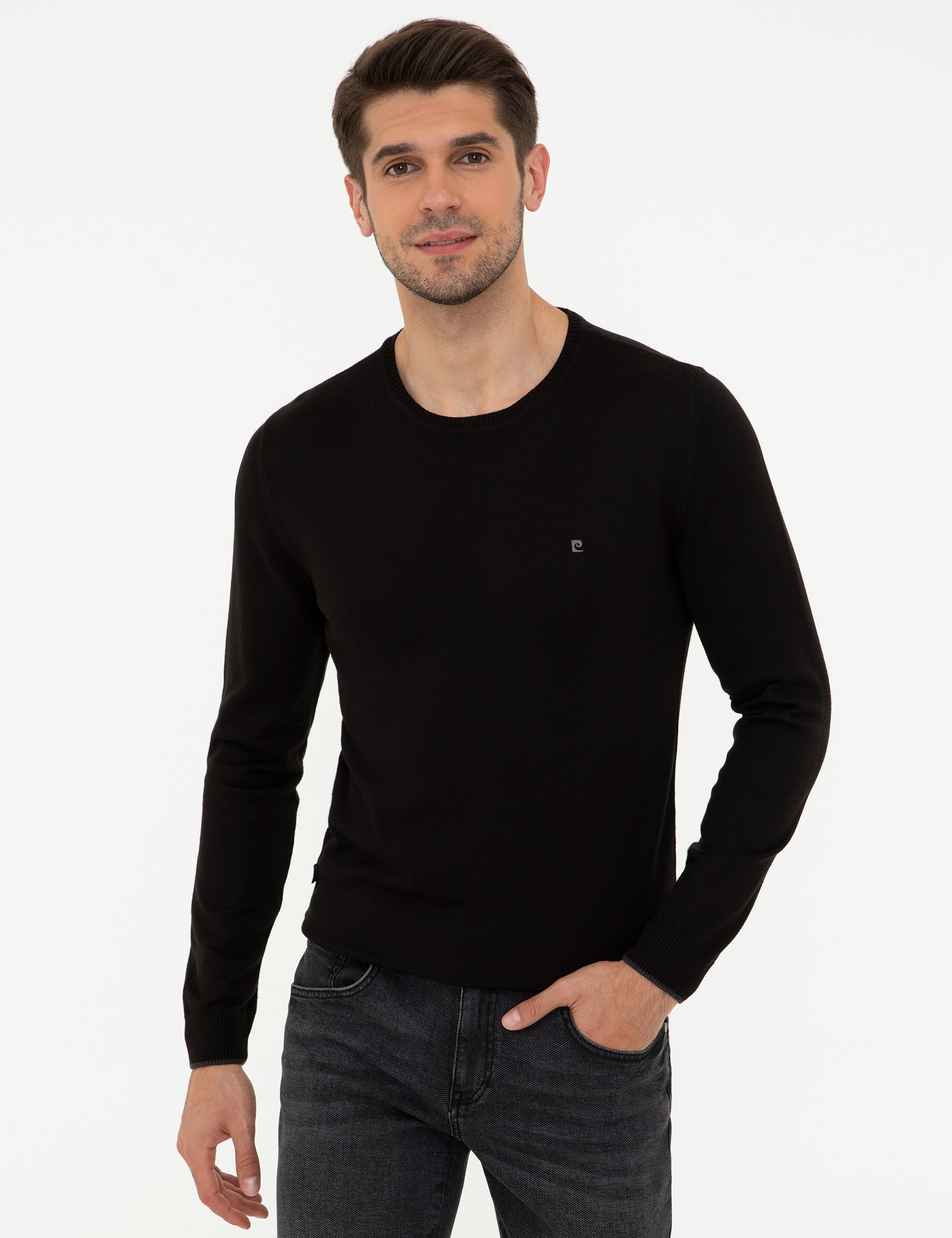 Siyah Slim Fit Bisiklet Yaka Basic Triko Kazak - Image 1