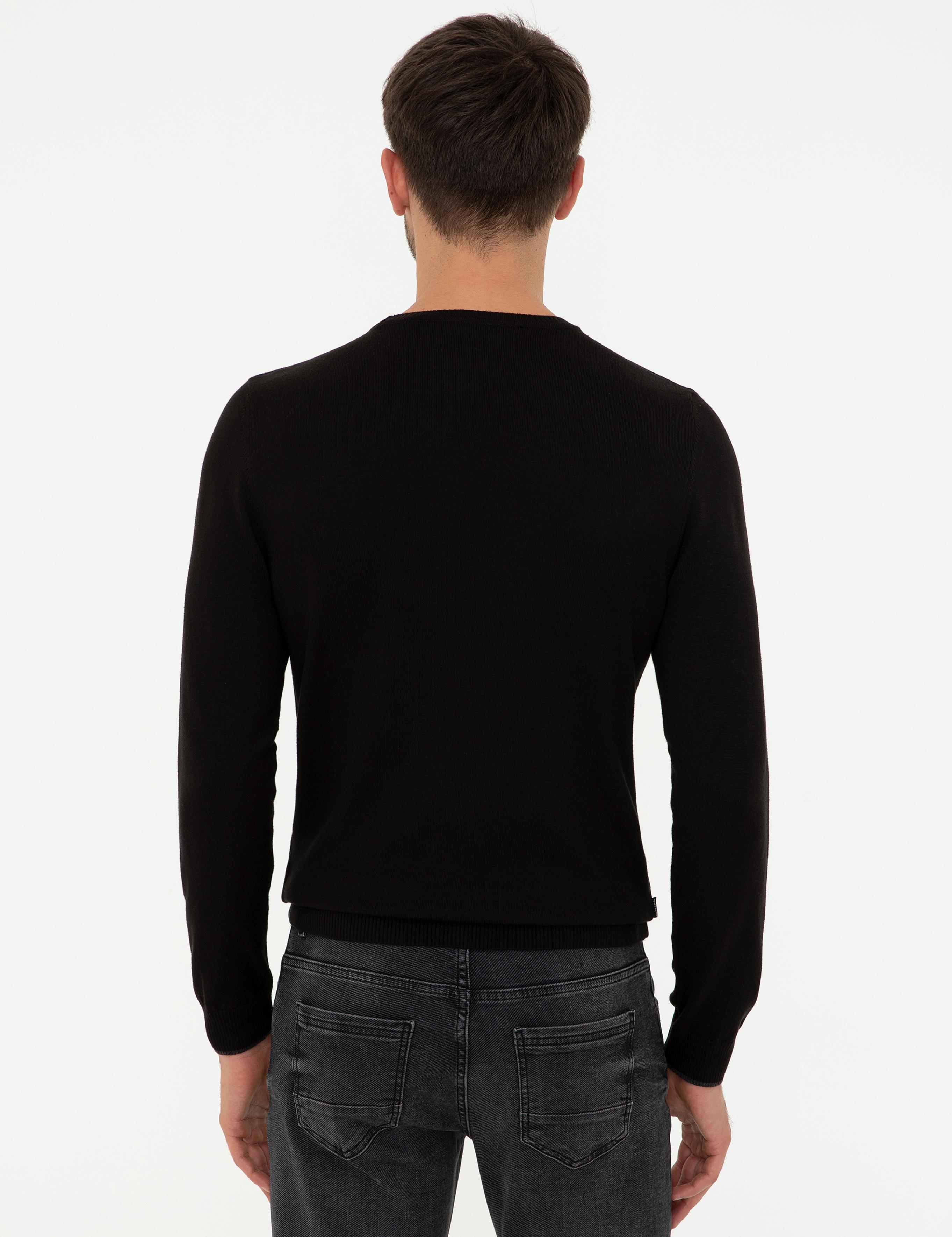 Siyah Slim Fit Bisiklet Yaka Basic Triko Kazak