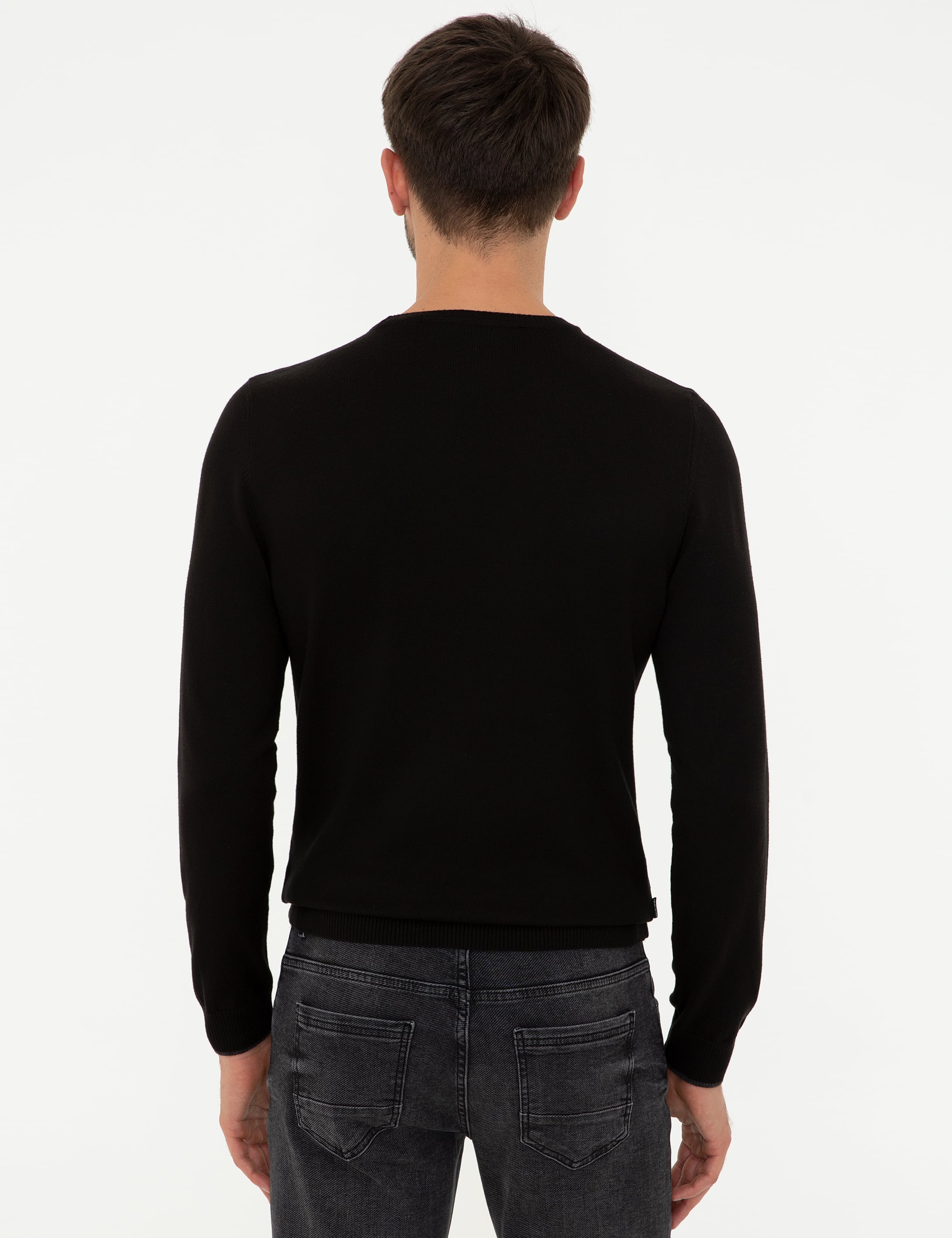 Siyah Slim Fit Bisiklet Yaka Basic Triko Kazak