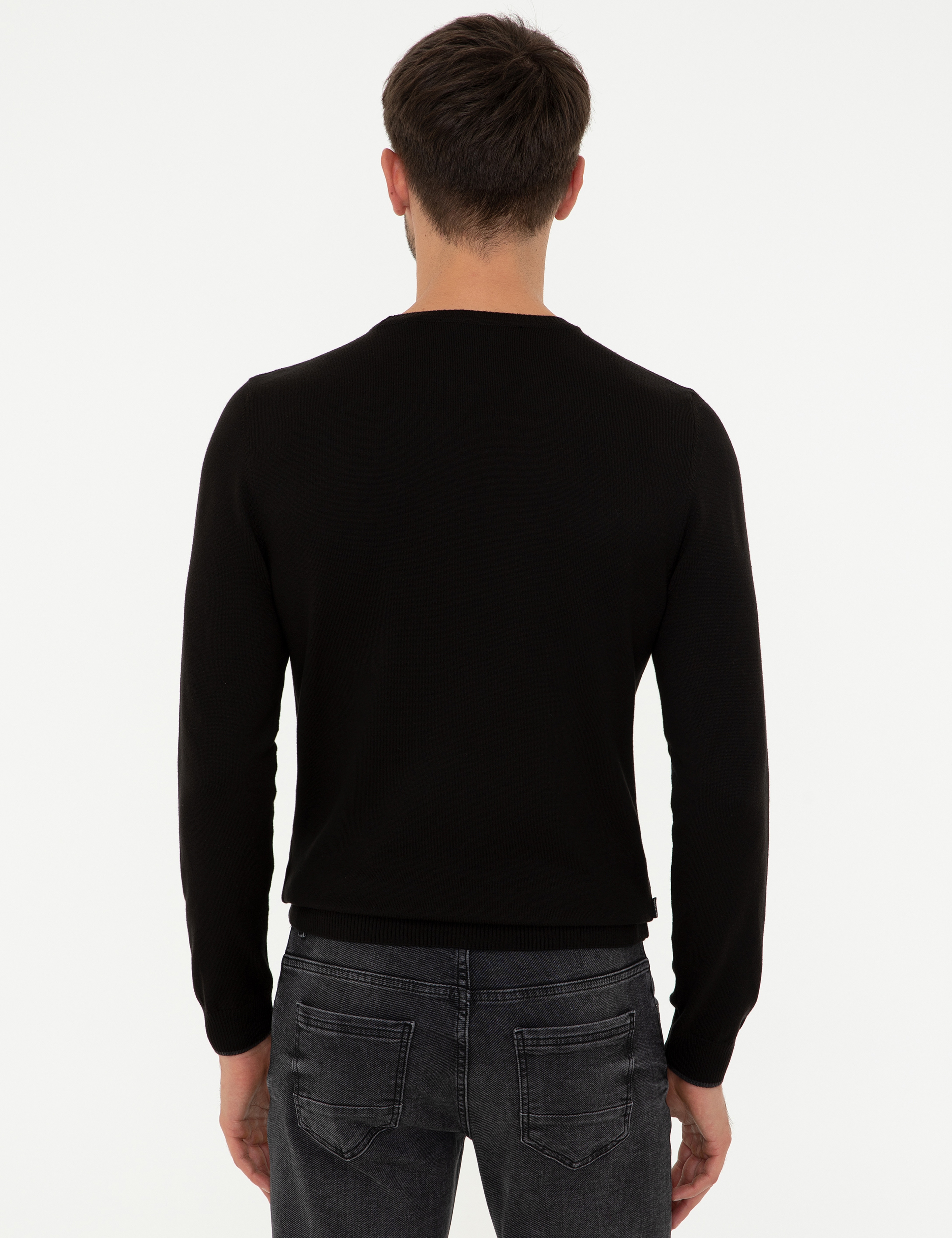 Siyah Slim Fit Bisiklet Yaka Basic Triko Kazak