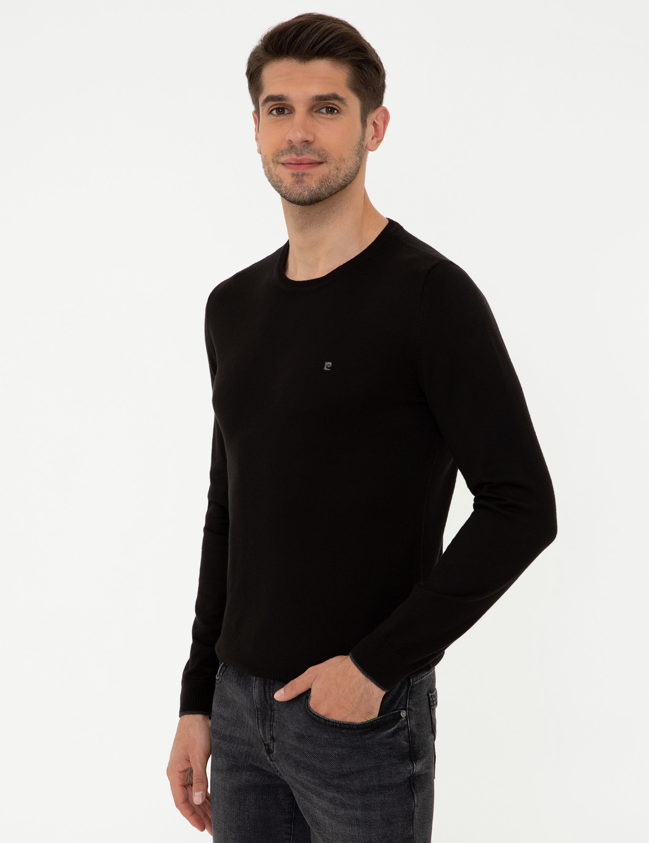 Siyah Slim Fit Bisiklet Yaka Basic Triko Kazak