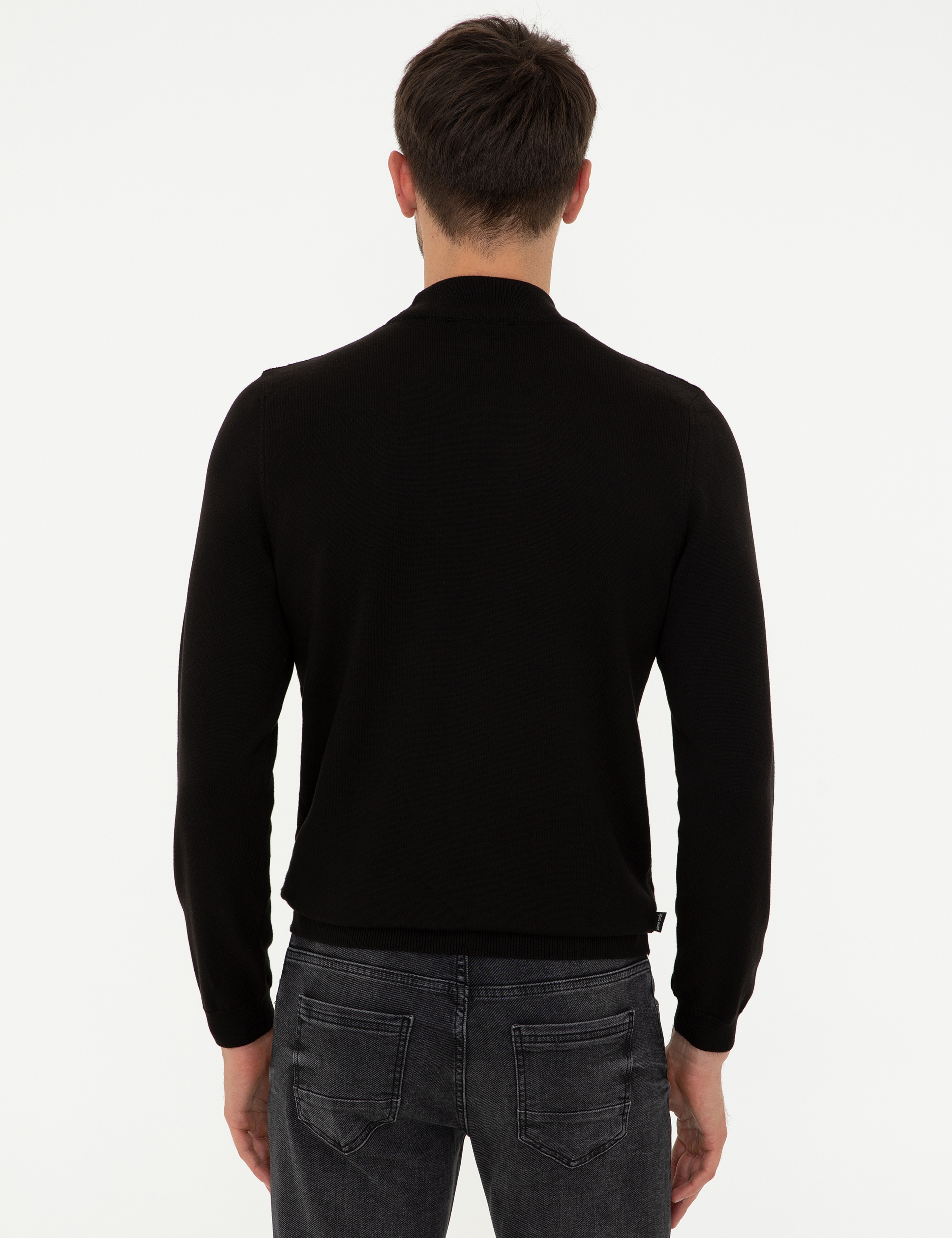 Siyah Slim Fit Yarım Balıkçı Yaka Triko Kazak