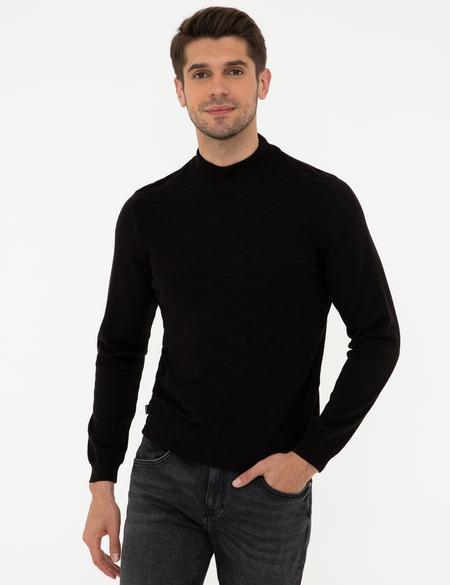 Siyah Slim Fit Yarım Balıkçı Yaka Triko Kazak - 50240540016