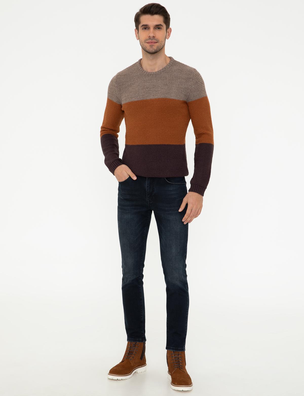 Kahverengi Slim Fit Bisiklet Yaka Triko Kazak - 50241435011