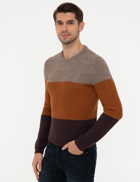 Kahverengi Slim Fit Bisiklet Yaka Triko Kazak - 50241435011