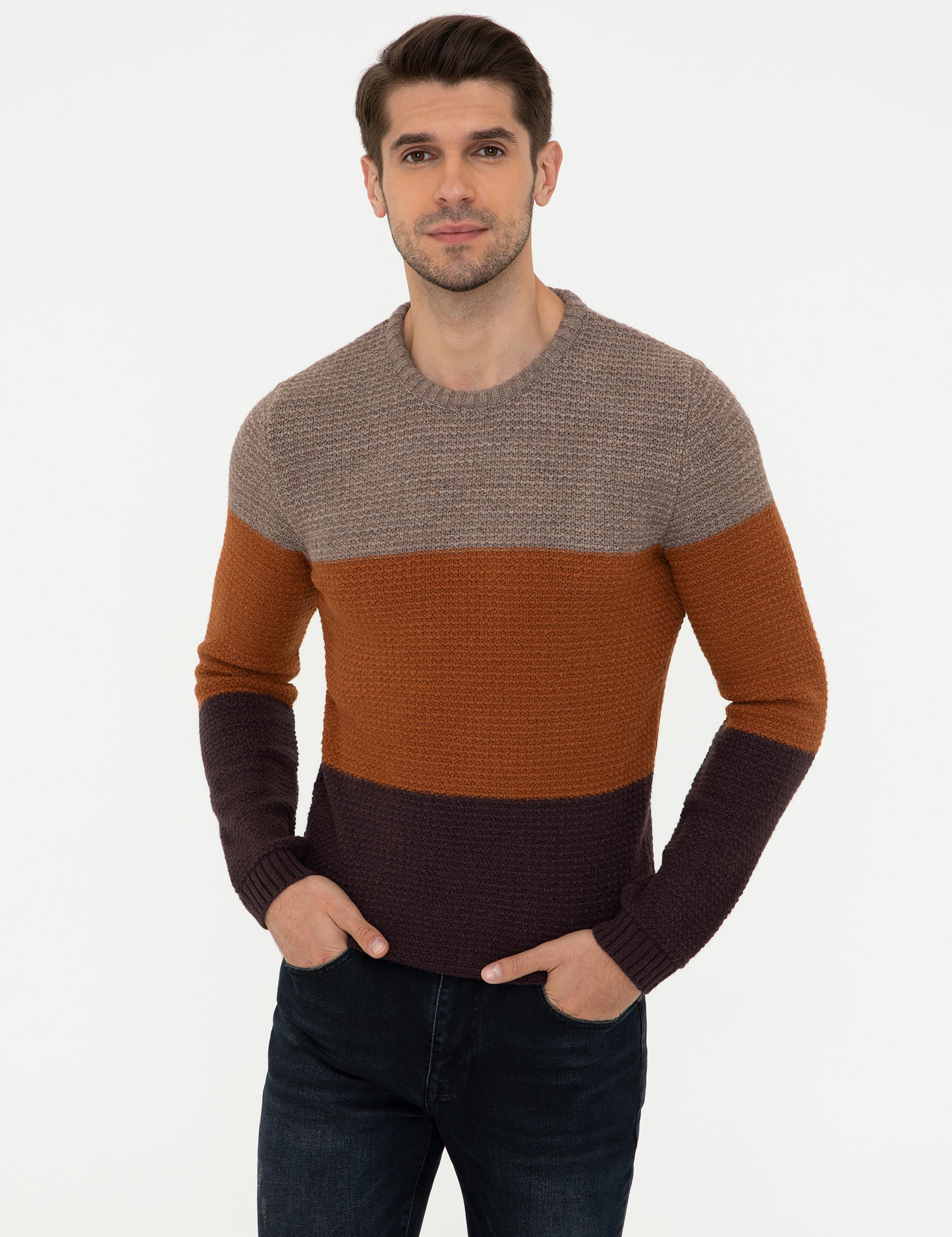 Kahverengi Slim Fit Bisiklet Yaka Triko Kazak
