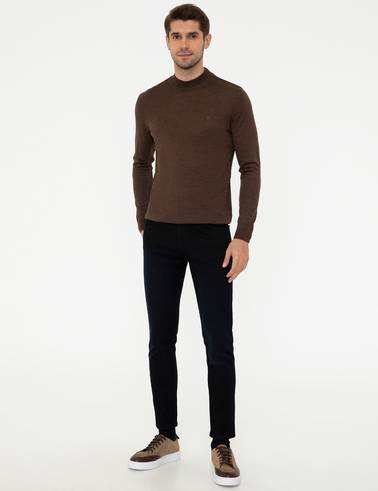Açık Kahverengi Slim Fit Çeyrek Yaka Yün Karışımlı Basic Triko Kazak
