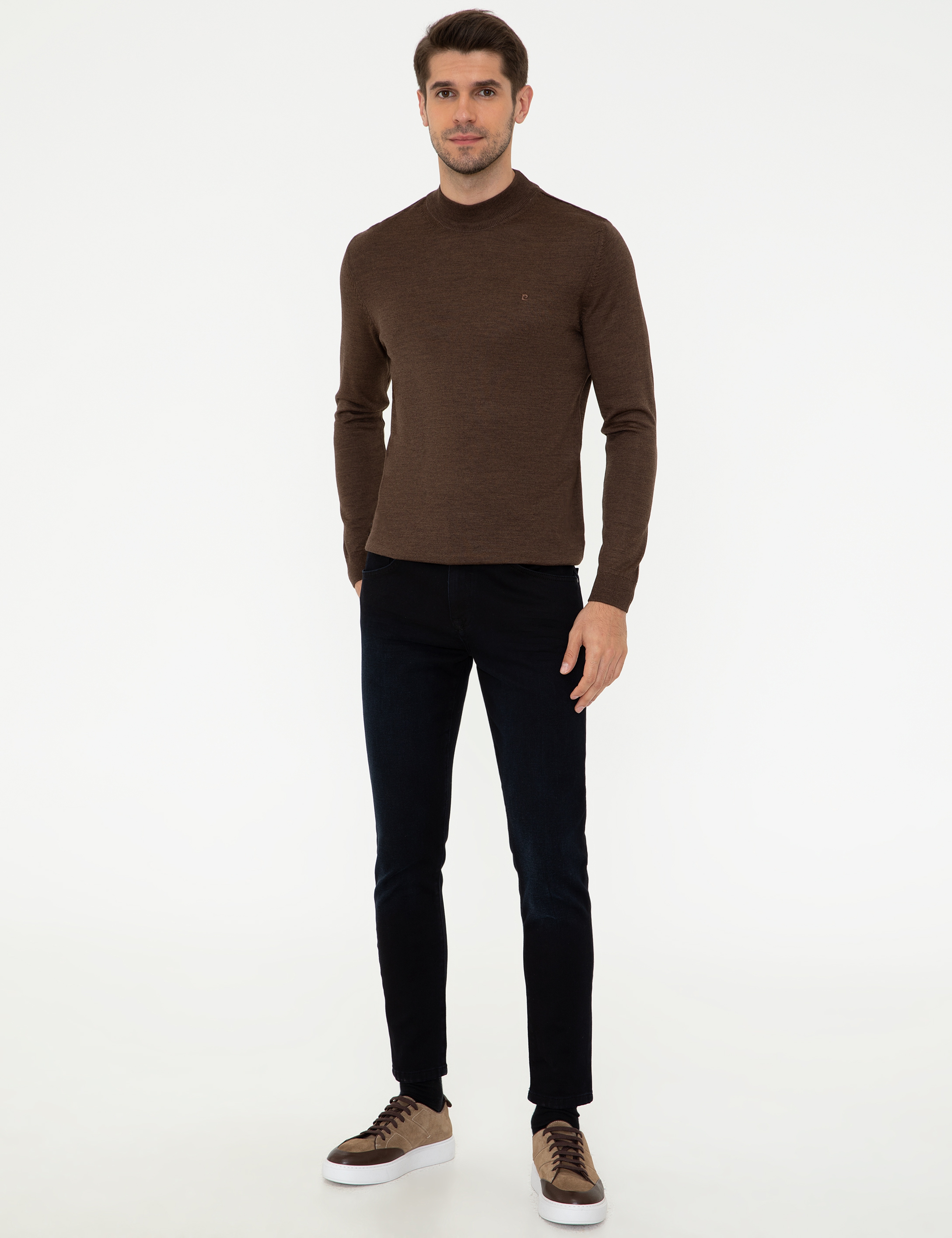 Açık Kahverengi Slim Fit Çeyrek Yaka Yün Karışımlı Basic Triko Kazak