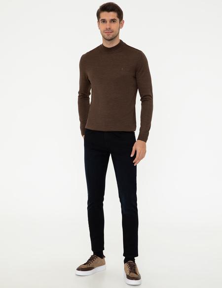 Açık Kahverengi Slim Fit Çeyrek Yaka Yün Karışımlı Basic Triko Kazak - 50243895001