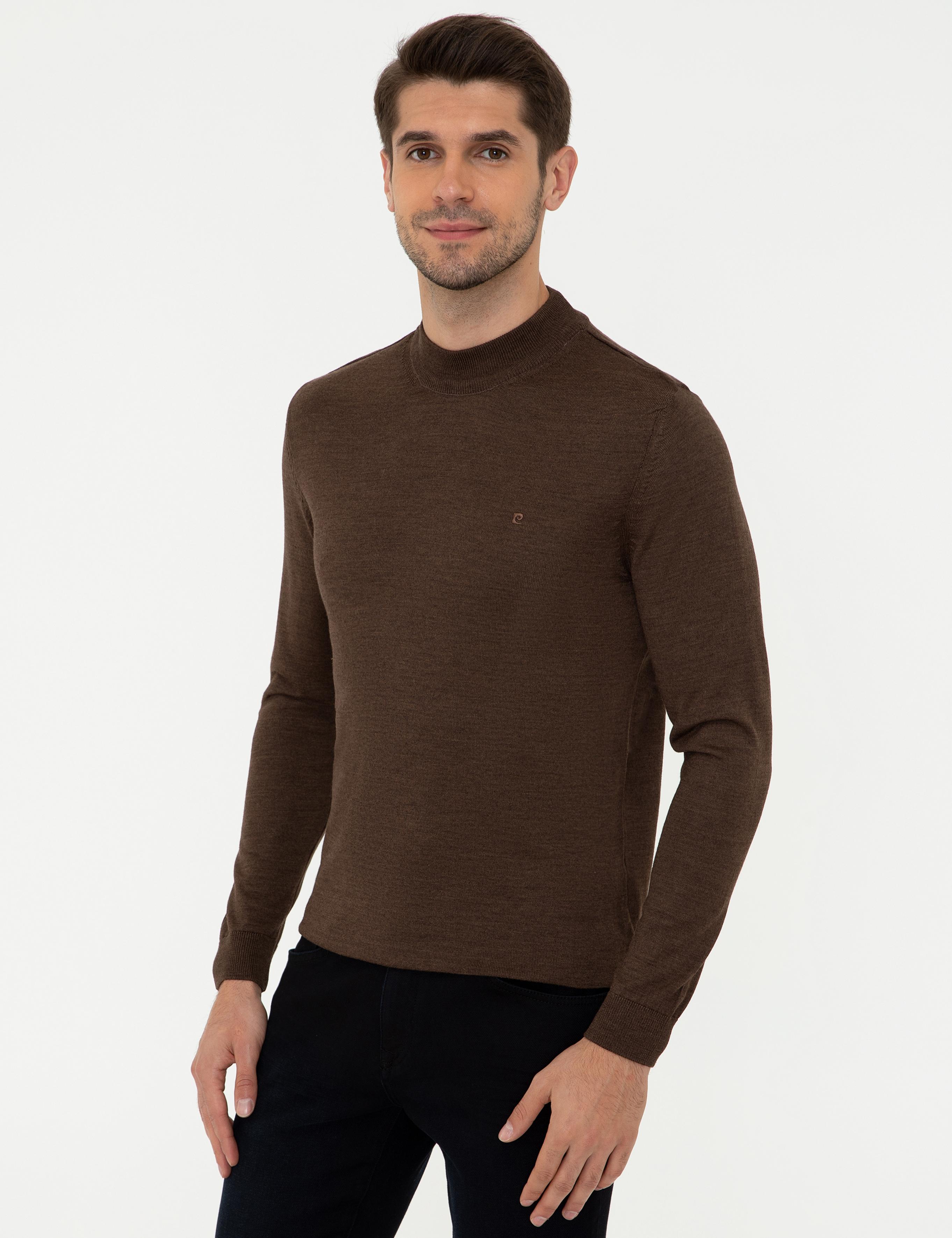 Açık Kahverengi Slim Fit Çeyrek Yaka Yün Karışımlı Basic Triko Kazak